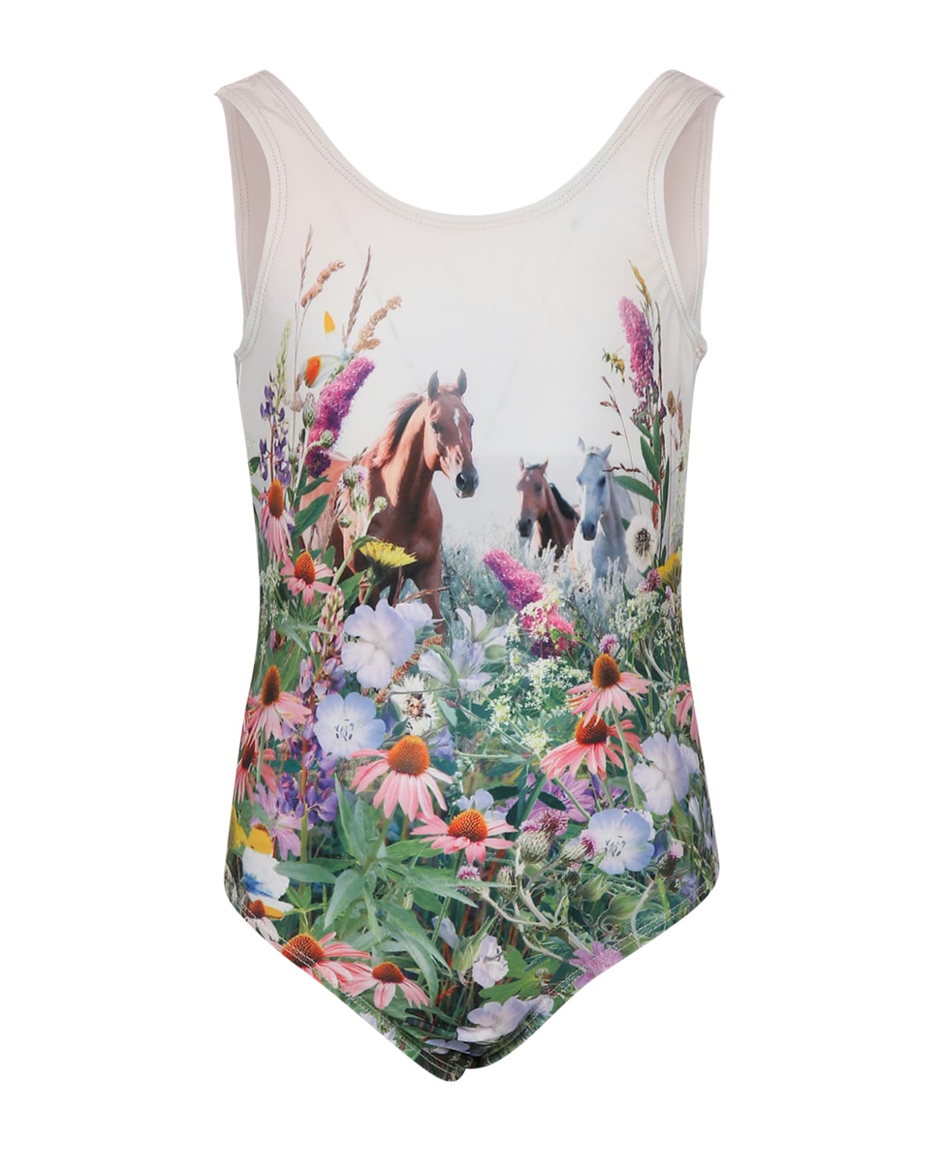 Molo Ivory Swimsuit For Girl With Horses And Flowers Print - Ivory 水着