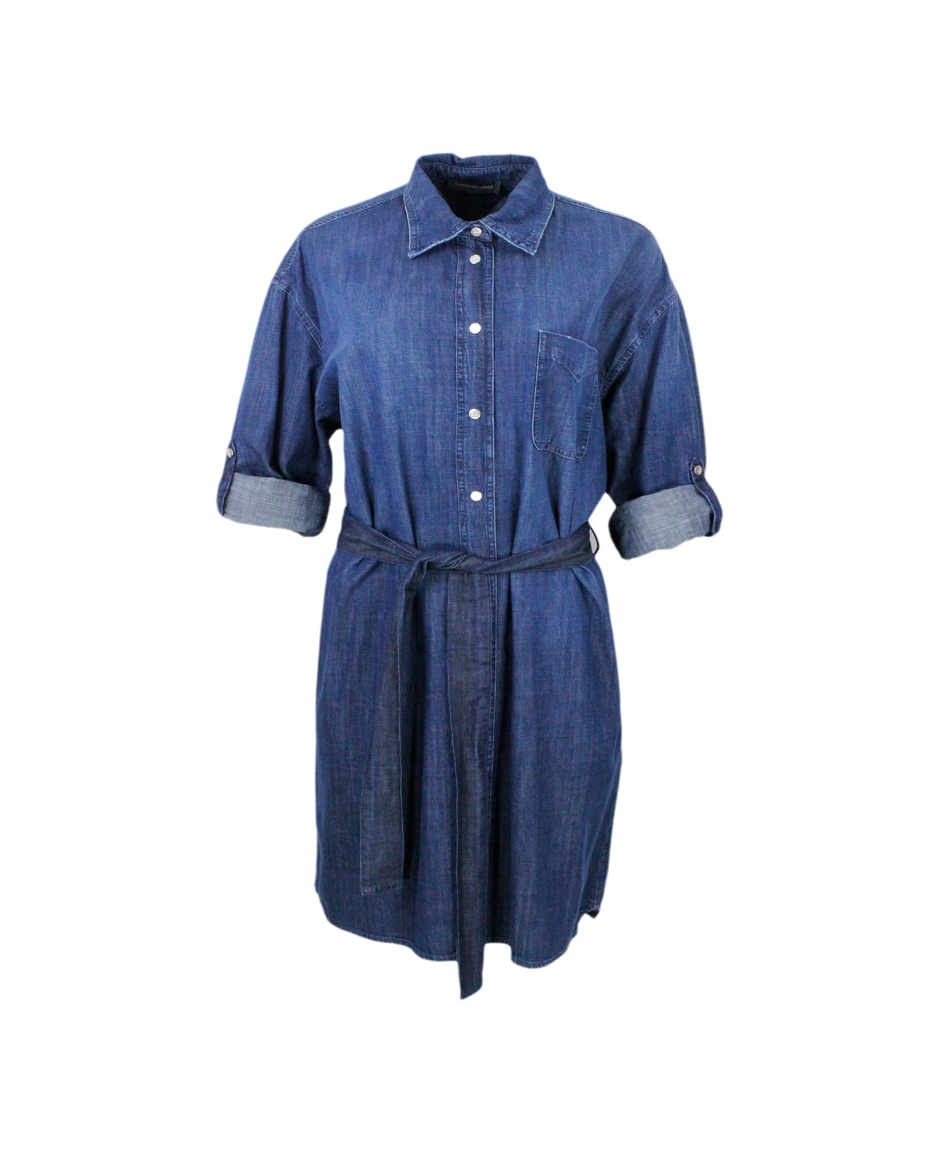 Lorena Antoniazzi Shirt Dress In Light Chambray Denim Cotton With Long Sleeves With Button Closure And Belt At The Waist - Denim