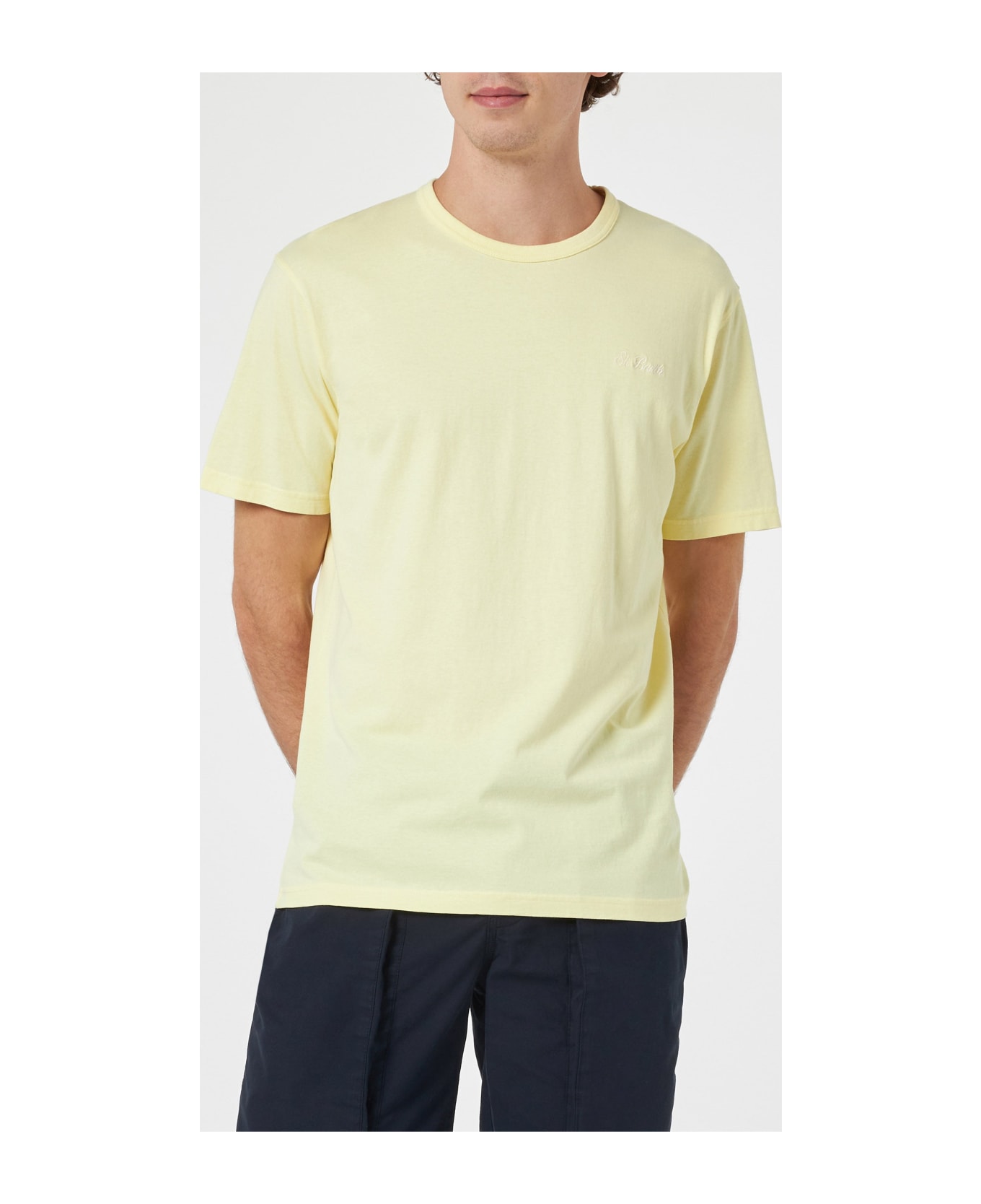 MC2 Saint Barth Man Pale Yellow Cotton Jersey T-shirt Dover With St. Barth Embroidery - YELLOW