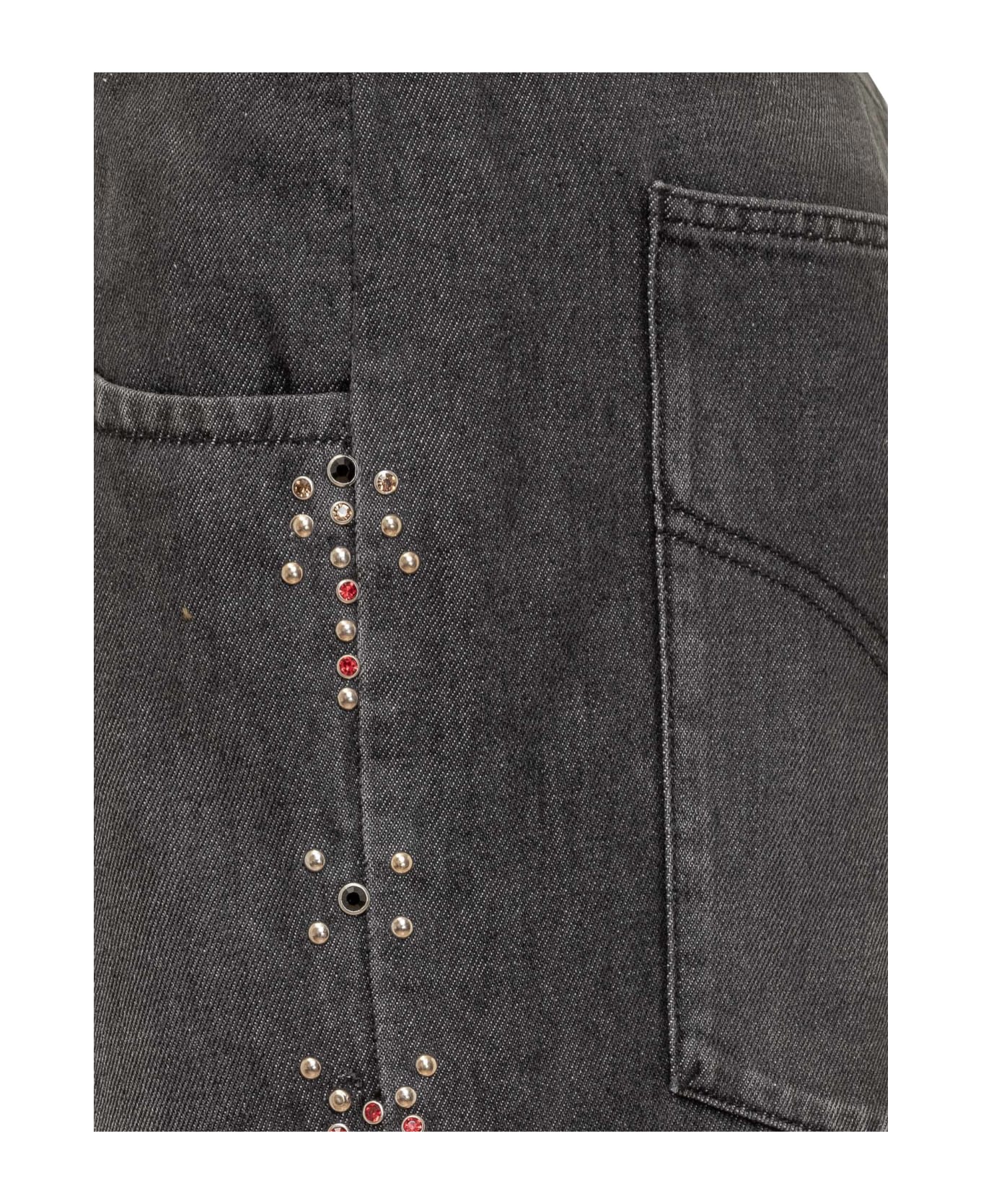 Bluemarble Rhinestones Washed Denim Jeans - BLACK デニム