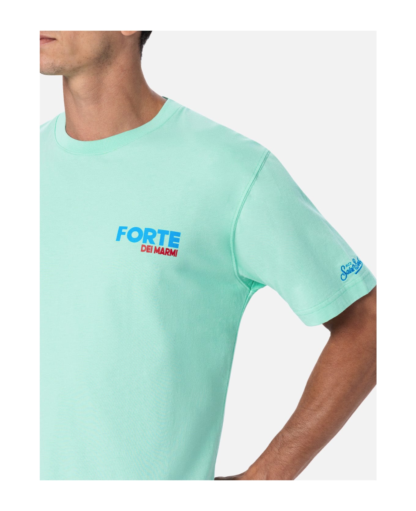 MC2 Saint Barth Man Cotton T-shirt With Forte Dei Marmi Postcard Placed Print - GREEN