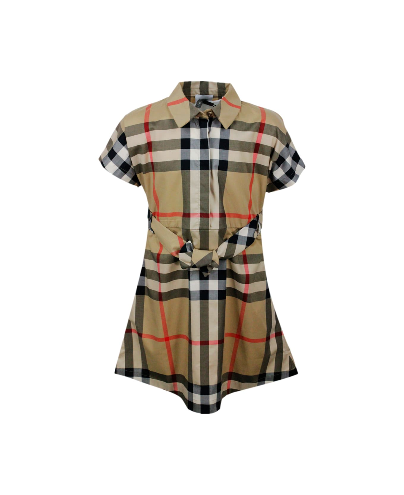 Burberry Short-sleeved Shirt Dress In Stretch Cotton With Tartan Motif And Belt At The Waist - Beige