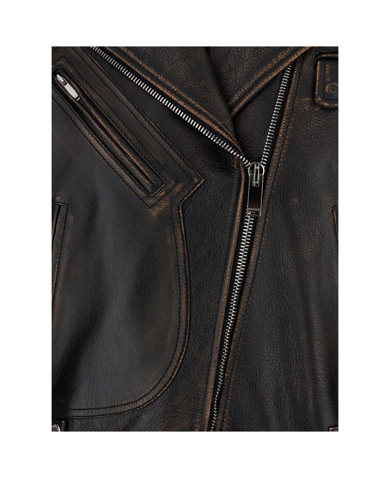 Alexander McQueen Antiqued Brown Biker Jacket With Wide Classic Lapels And Decentralized Zip Closure In Leather Woman - Brown