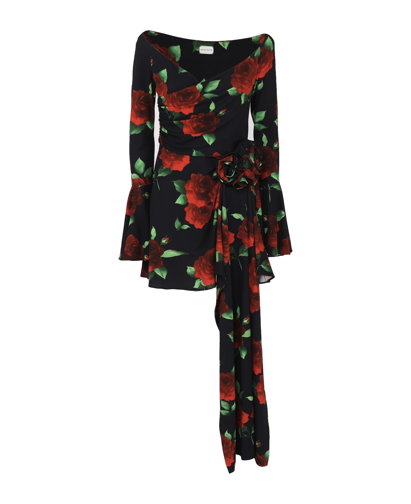 Magda Butrym Off Shoulder Bell Sleeve Mini Dress In Black Floral Print - Black ワンピース＆ドレス