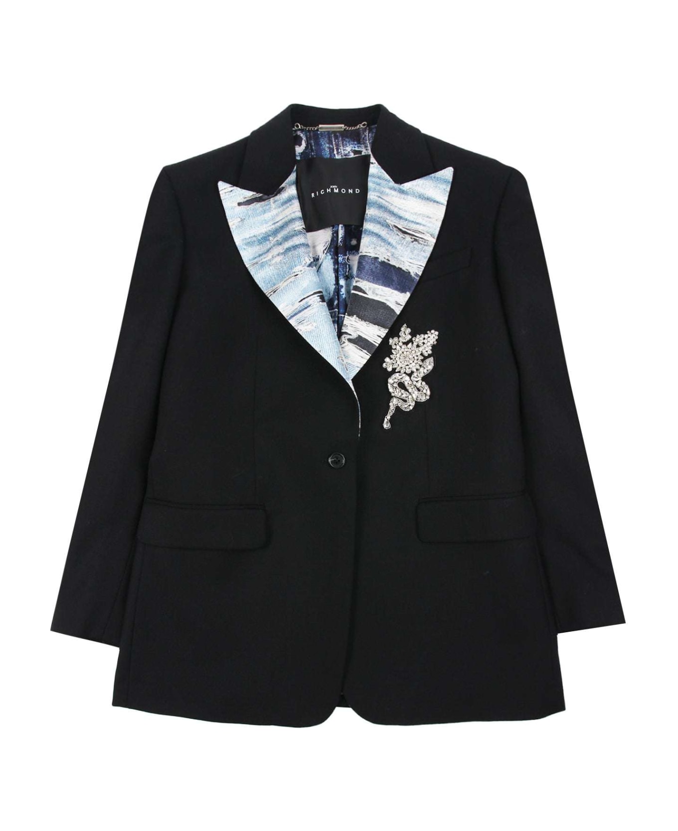 John Richmond Blazer In 100% Virgin Wool With Contrasting Collar And Decorative Application. - Nero