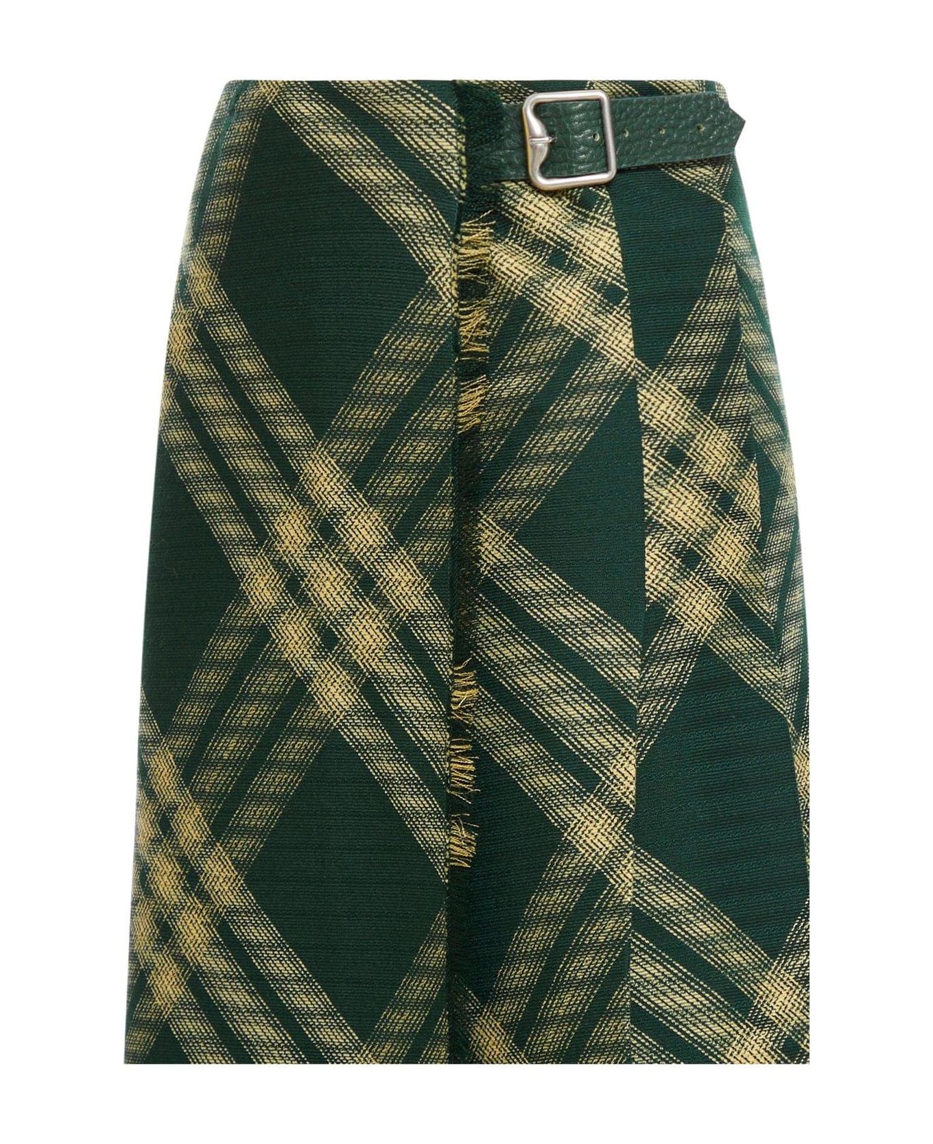 Burberry Check Printed Frayed-edge Midi Skirt - GREEN