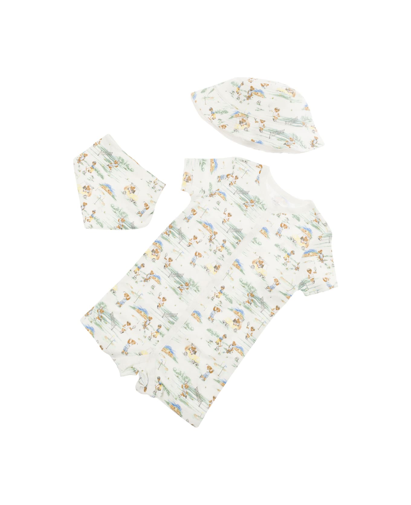 Polo Ralph Lauren Baby White/multicolor All-over Polo Bear Bodysuit Cap And Bib Set In Cotton - Multicolor ボディスーツ＆セットアップ