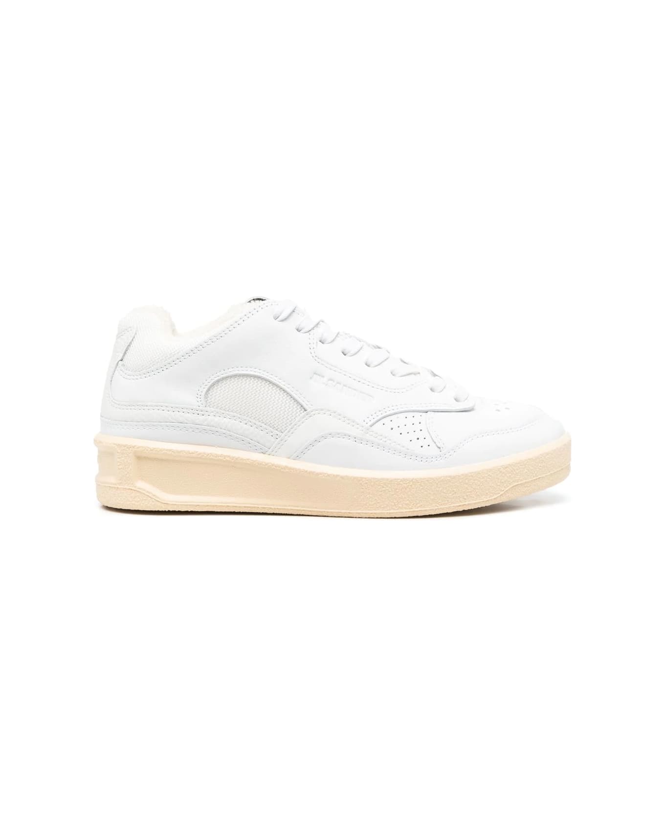 Jil Sander Cow Leather And Fabric Mesh Mid Cut Sneakers - White Ecru