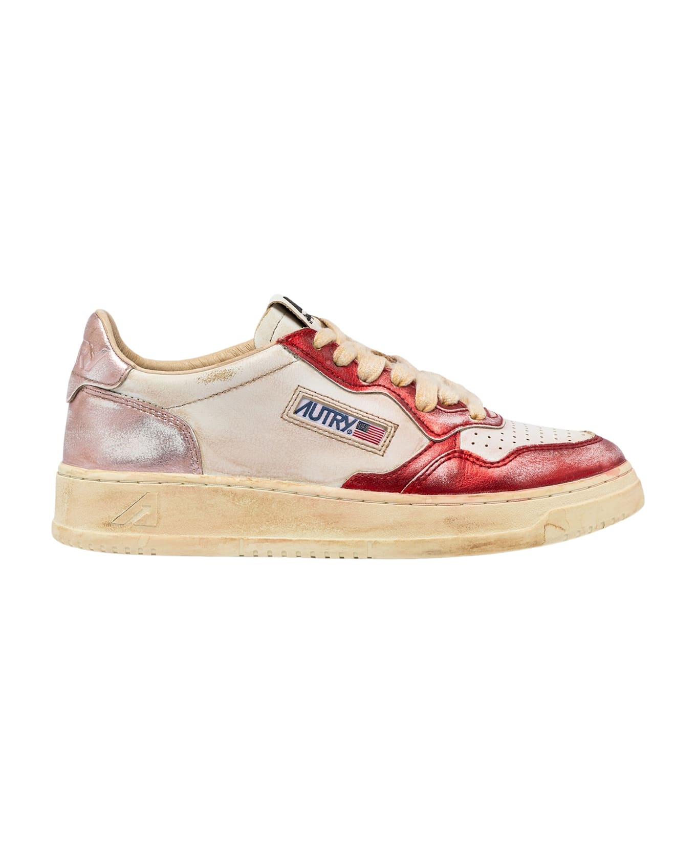 Autry Sup Vint Low Metal Leat - White, Red, pink