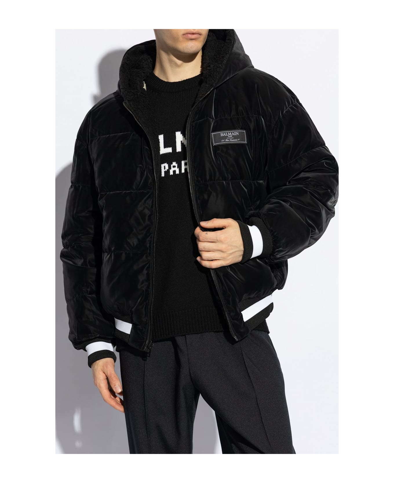 Balmain Hooded Zip Up Reversible Jacket - BLACK/NEUTRALS