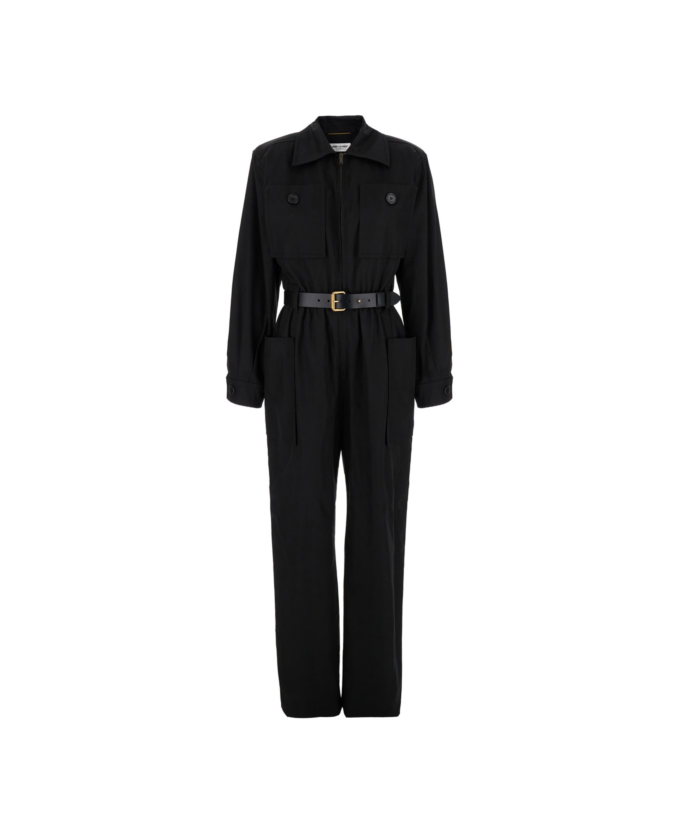 Saint Laurent Black Jumpsuit With Pockets And Belt In Cotton Woman - BLACK