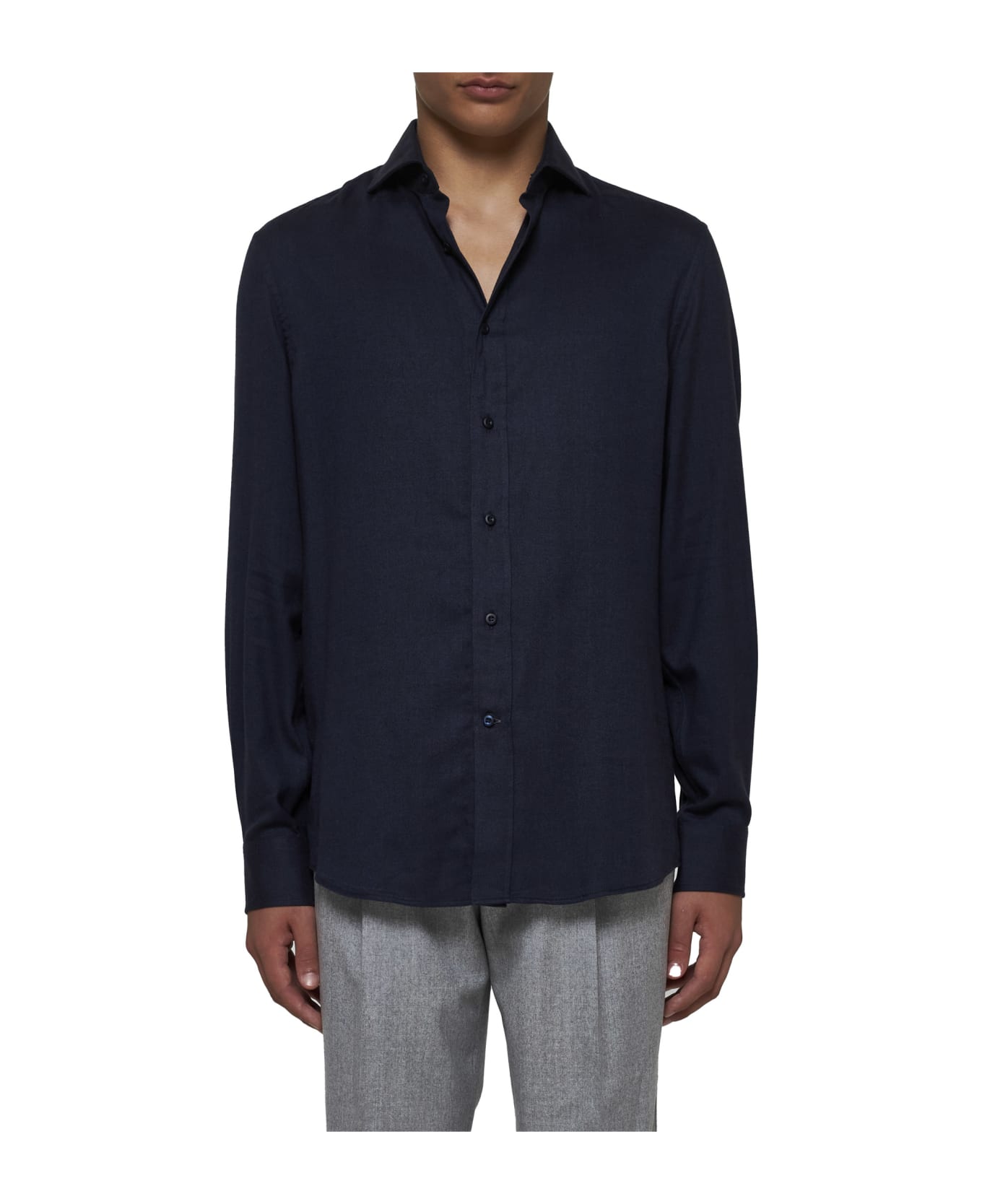 Brunello Cucinelli Slim Fit Shirt In Stretch Cotton Chevron Flannel - Blue