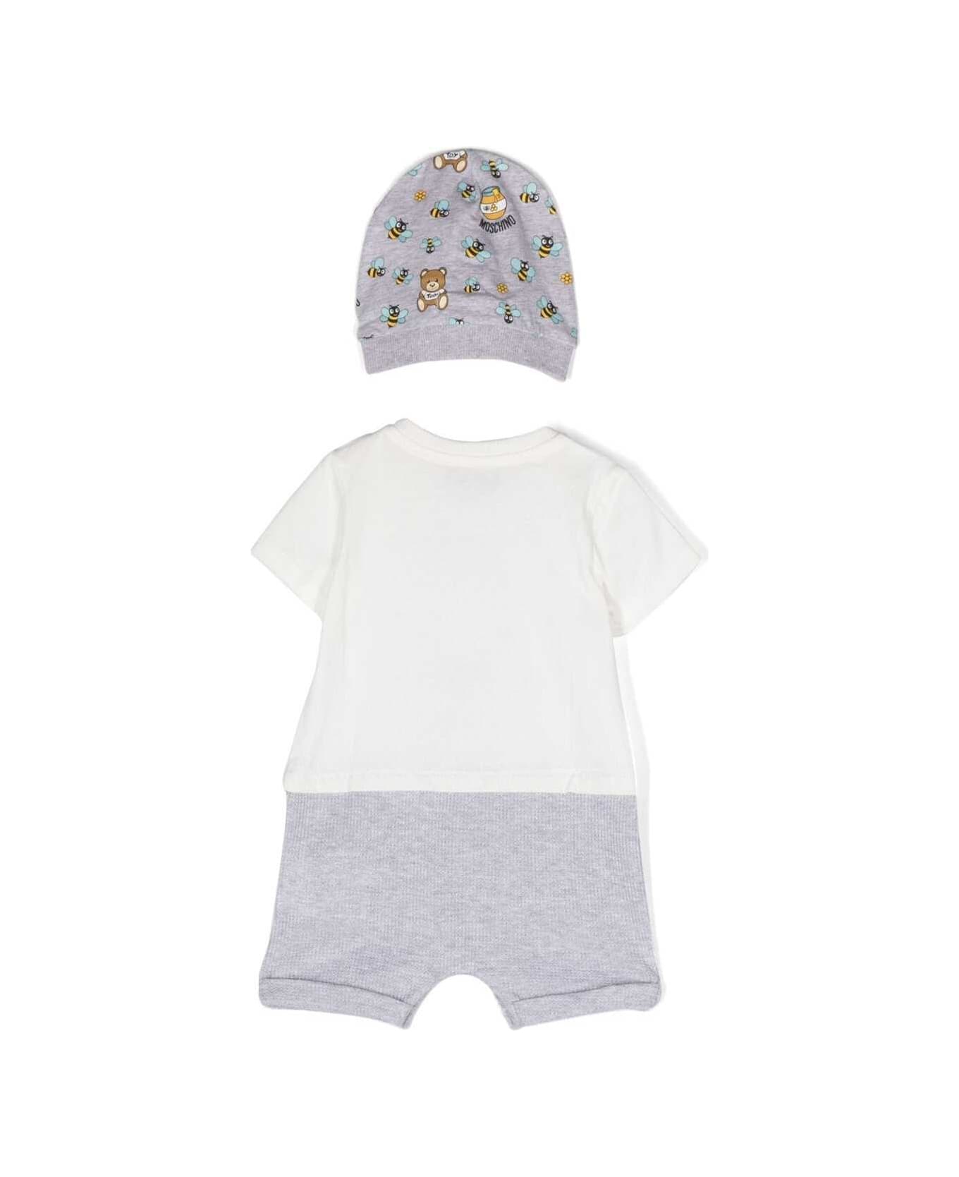 Moschino Romper And Hat Set With Logo In White And Grey Cotton Baby - White