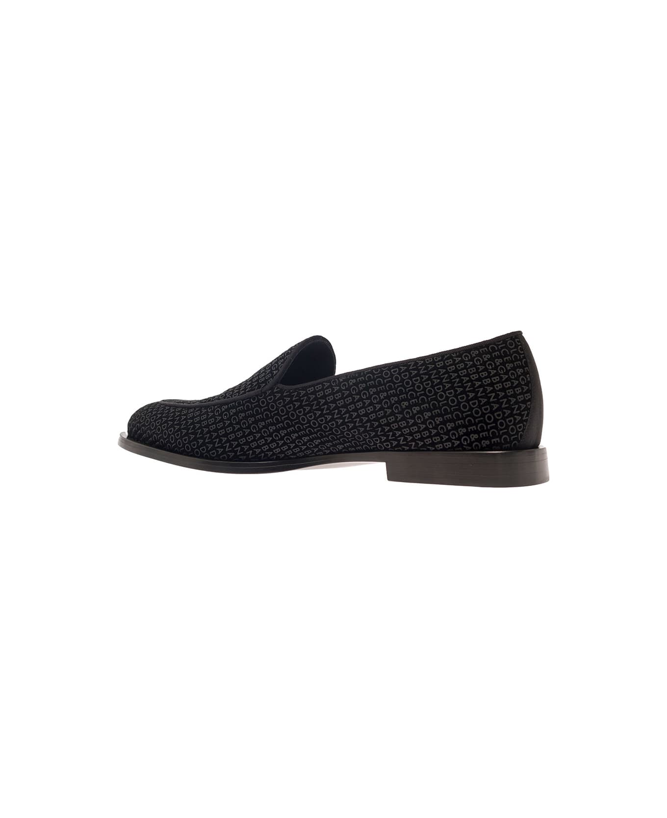 Dolce & Gabbana 'vivaldi' Black Loafers With All-over Logo Lettering In Velvet Man - Black ローファー＆デッキシューズ