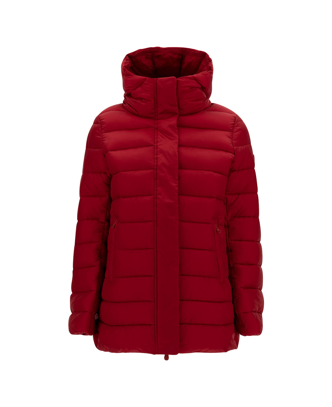 Save the Duck 'drimia' Long Red Down Jacket With Tonal Logo Patch In Shiny Leather Woman - Red
