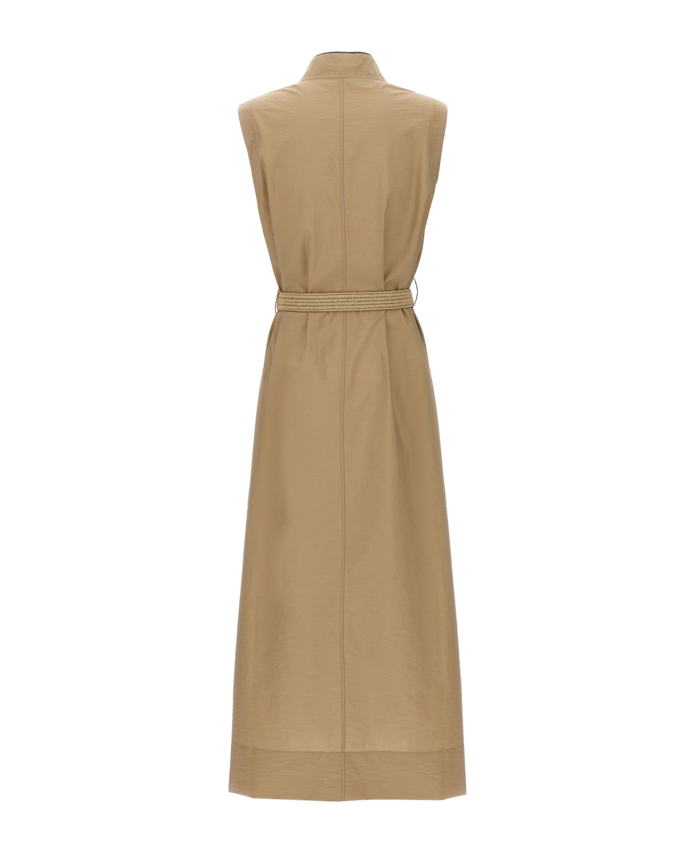 Brunello Cucinelli Techno Cotton Poplin Dress With Belt And Precious Shoulder Detail - Beige