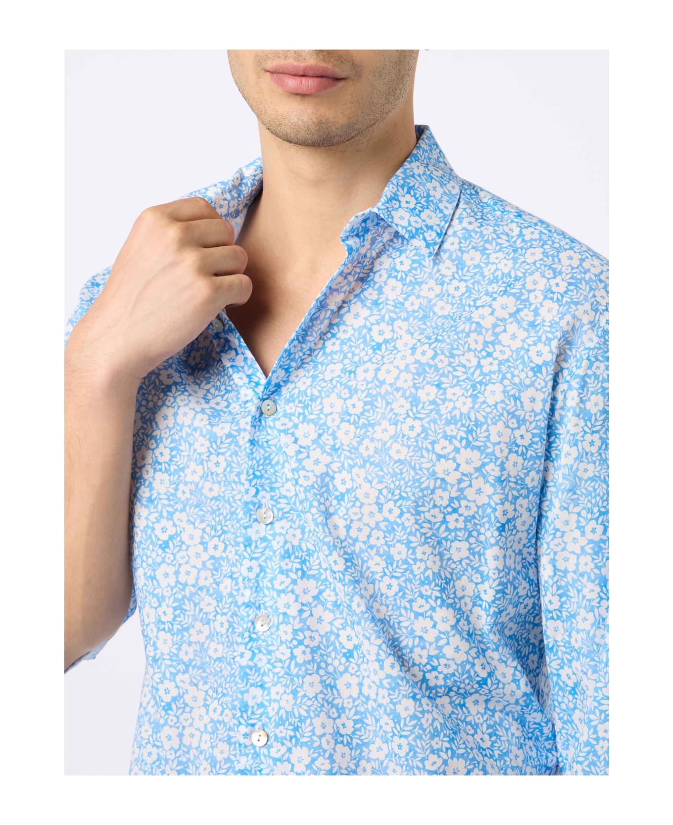 MC2 Saint Barth Man Muslin Cotton Shirt Sikelia With Micro Flower Print - SKY