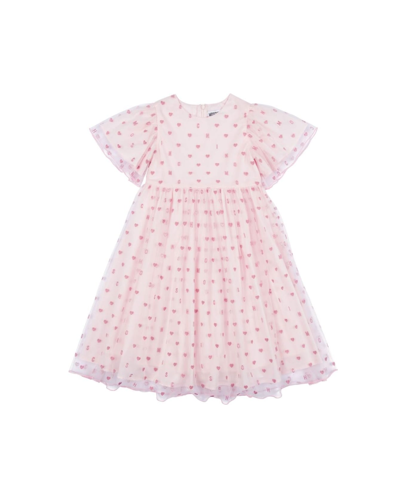 Moschino Pink Crewneck Dress With Ruched Short Sleeves And All-over Heart Motif In Cotton Girl - Pink