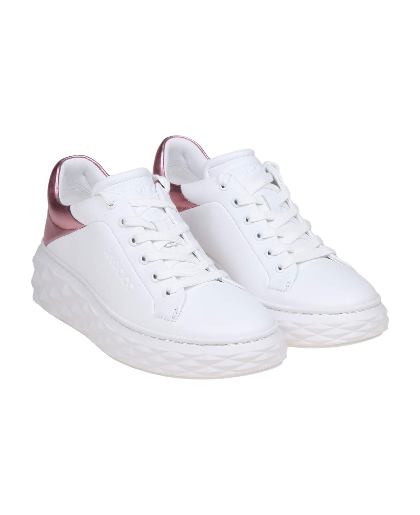 Jimmy Choo Diamond Maxi Sneakers In White And Pink Leather - White/Pink