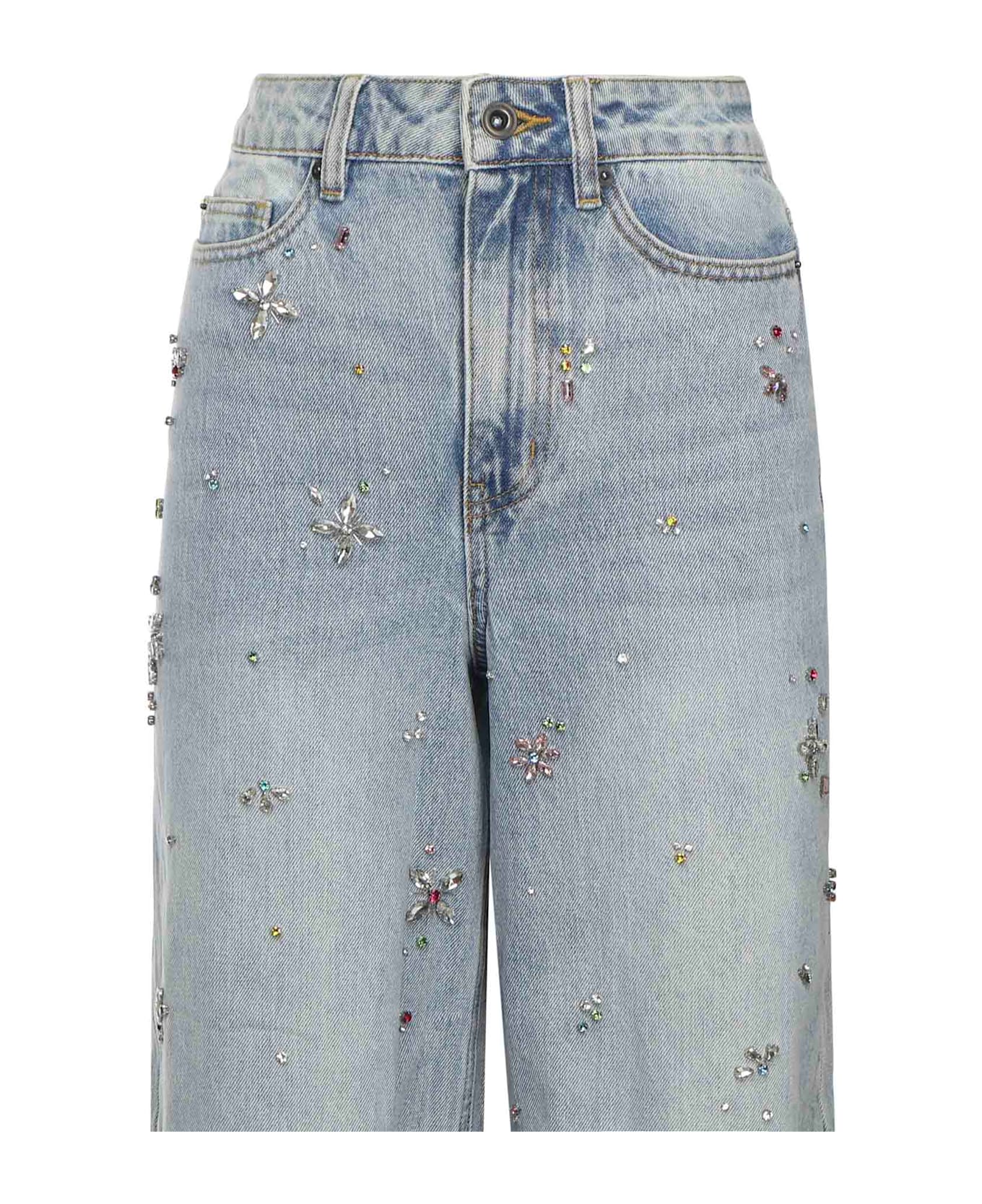 self-portrait Jeans With Rhinestone Flowers - Blue