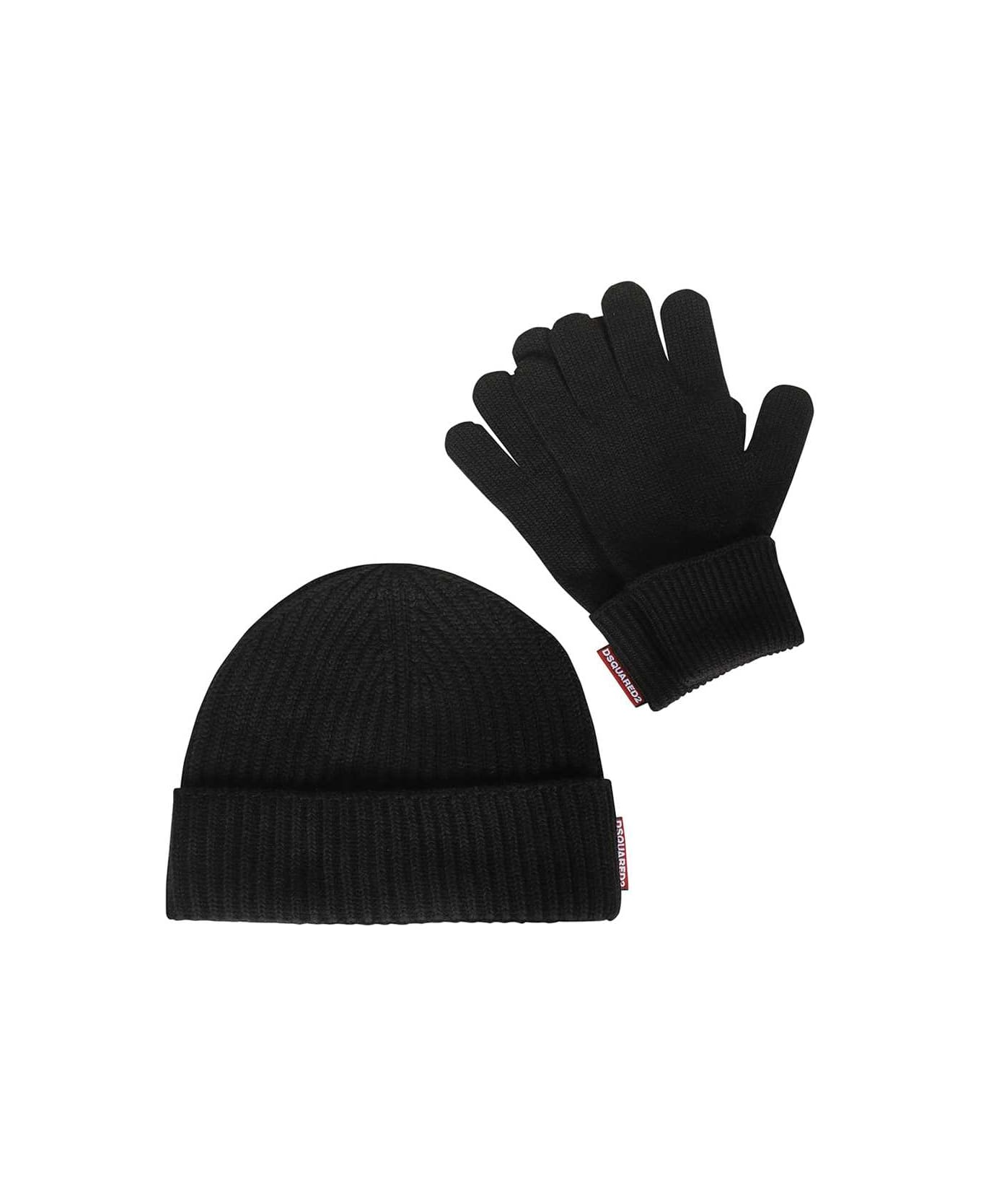 Dsquared2 Knitted Hat And Gloves Set - black
