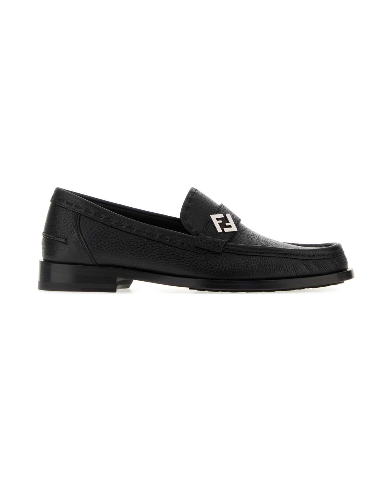 Fendi Black Leather Ff Metal Loafers - NERO