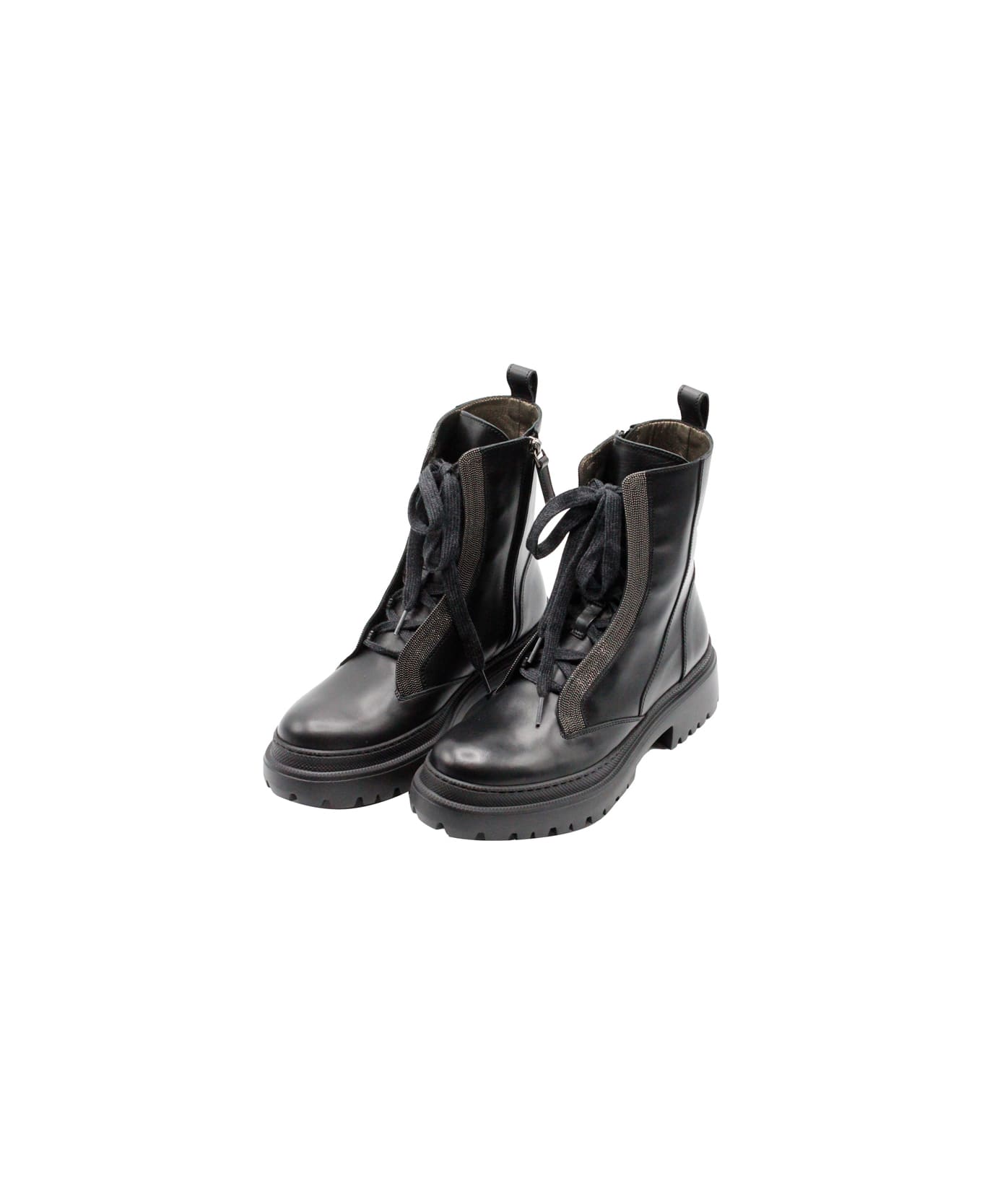 Brunello Cucinelli Amphibious Ankle Boot In Leather With Side Zip And Jewels On The Side Band Of The Laces - Black ブーツ