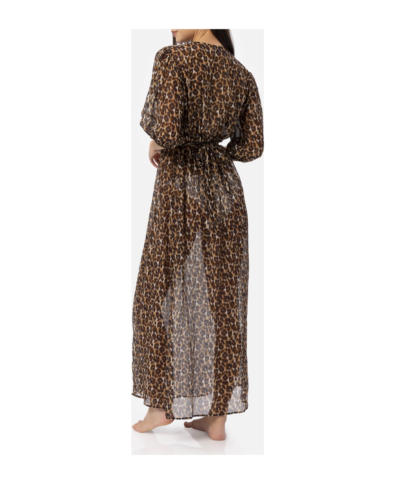 MC2 Saint Barth Cotton And Silk Long Dress Bliss With Animalier Print - BROWN