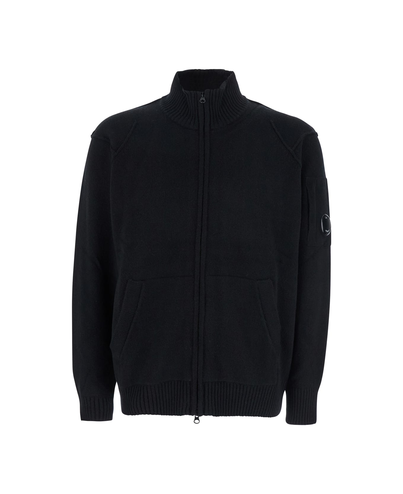 C.P. Company Black Jacket With High Neck And Logo Plaque On The Sleeve In Wool Blend Man - BLACK