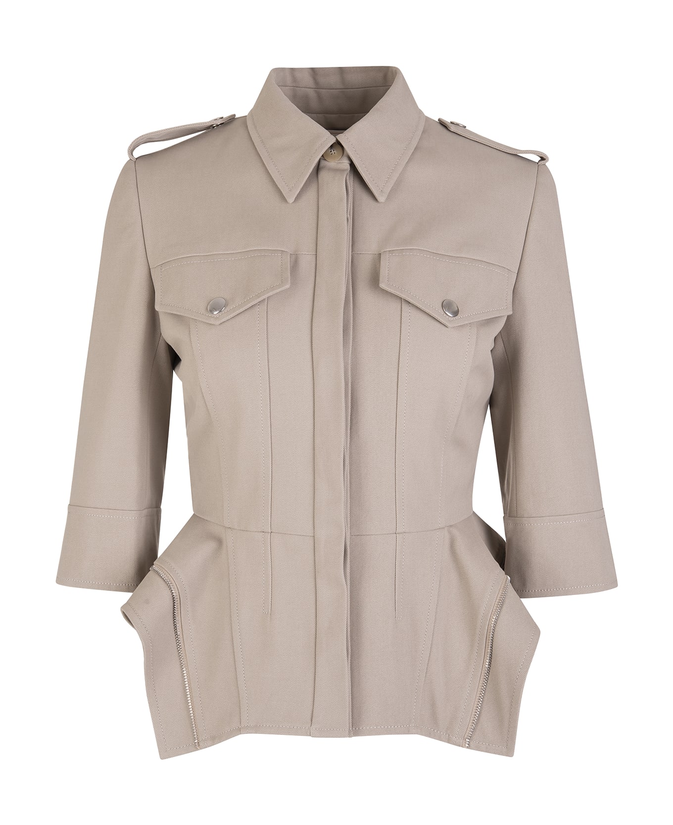 Alexander McQueen Woman Stone Gabardine Jacket With Asymmetrical Bottom - Stone