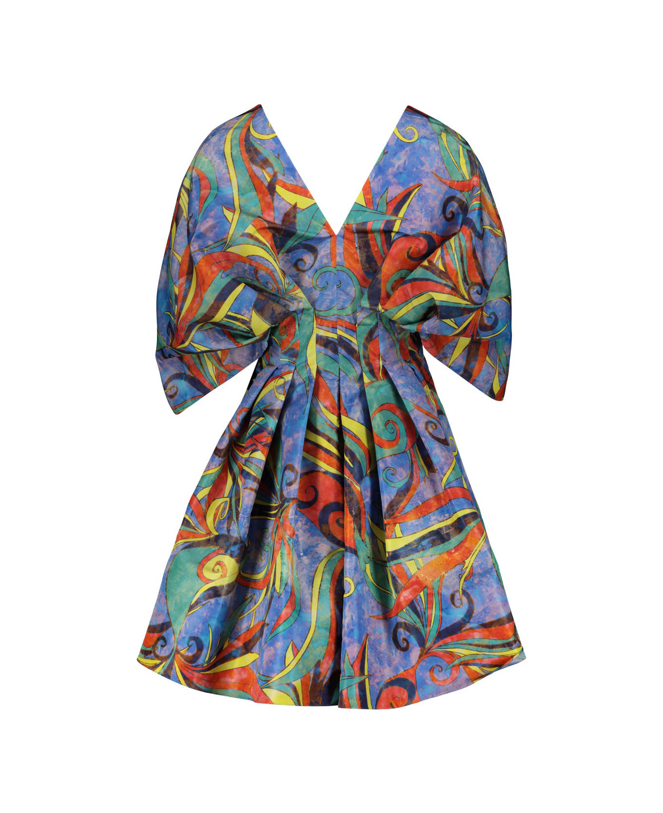 Rochas Mini Dress In Printed Double Taffeta Whit Pleated Details. - BLUE
