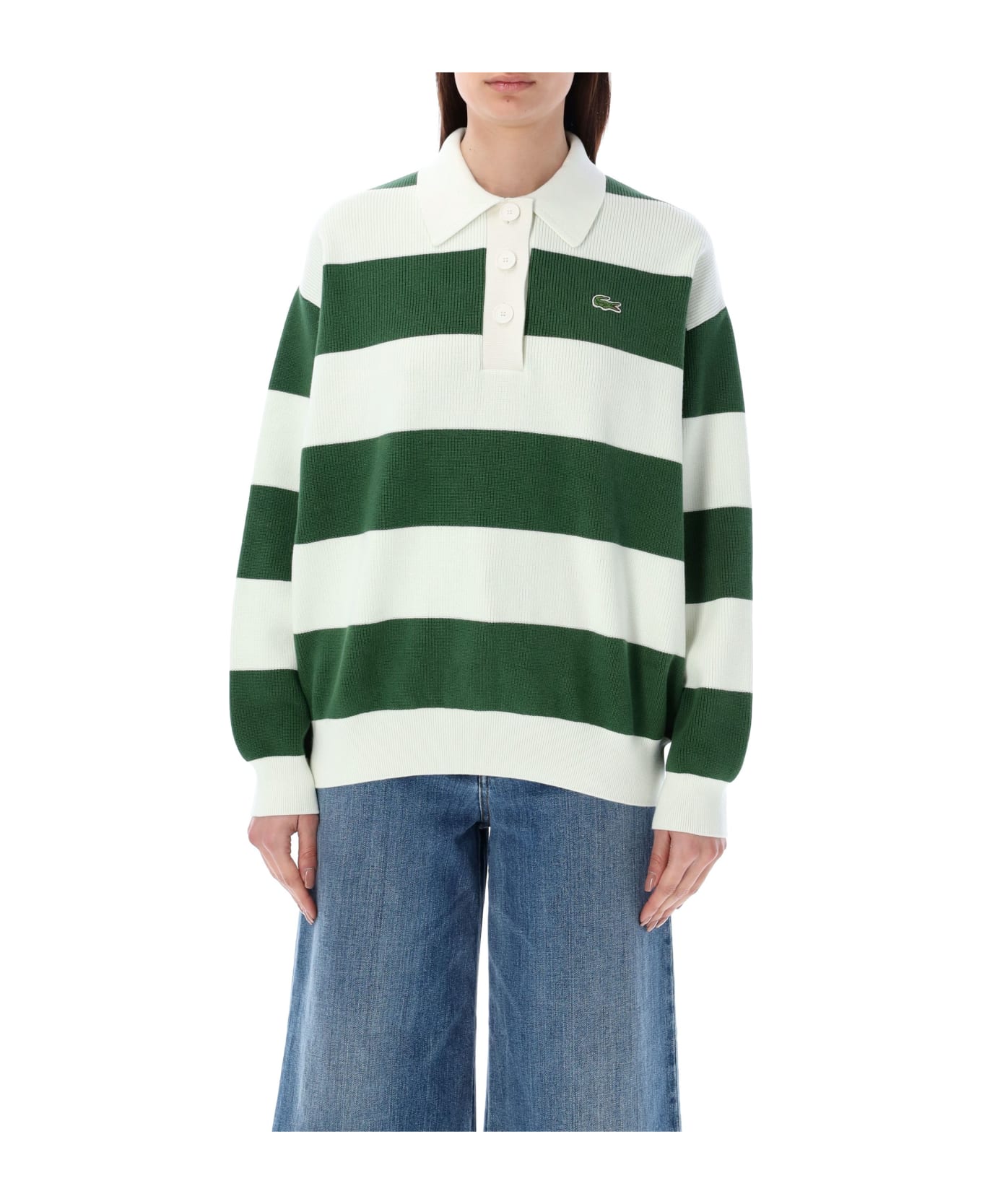 Lacoste Stripe Rib Knit Polo Shirt - WHITE GREEN STRIPES