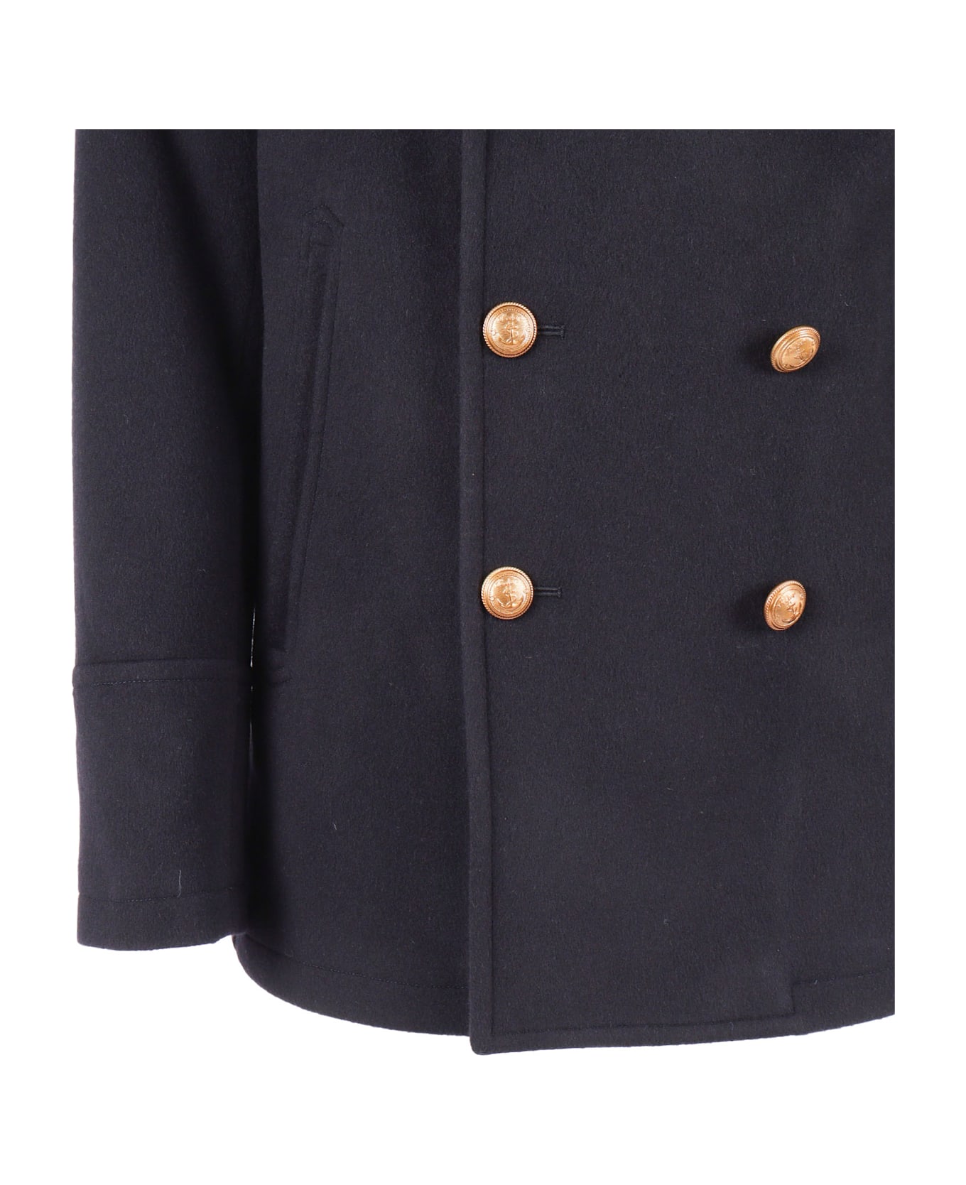 Sealup Amalfi Cashmere Blend Peacoat, Brass Buttons, Hand-embroidered Anchor On The Cuff, Light Wadding Padding - BLUE