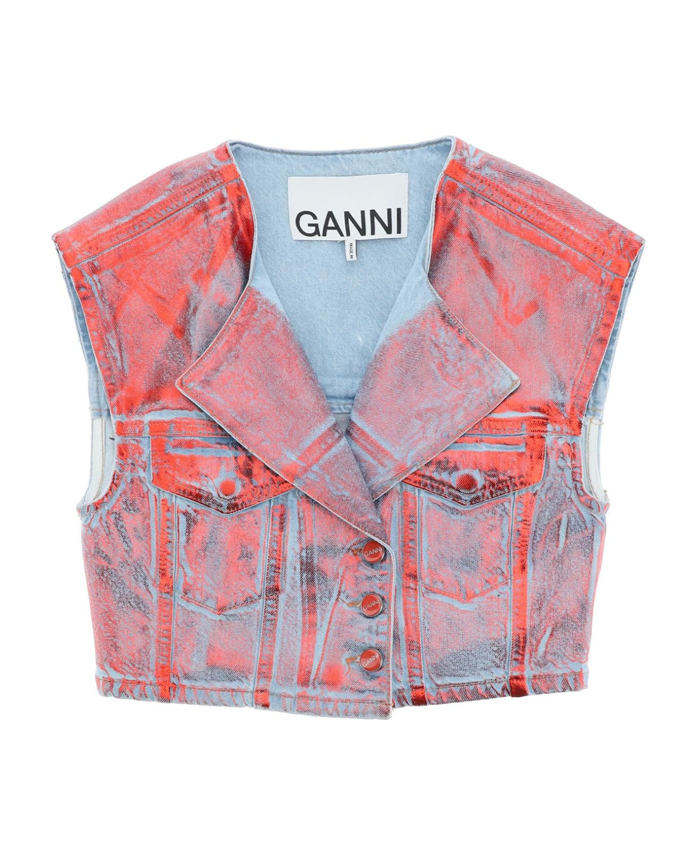 Ganni Cropped Vest In Laminated Denim - RED ALERT (Blue)