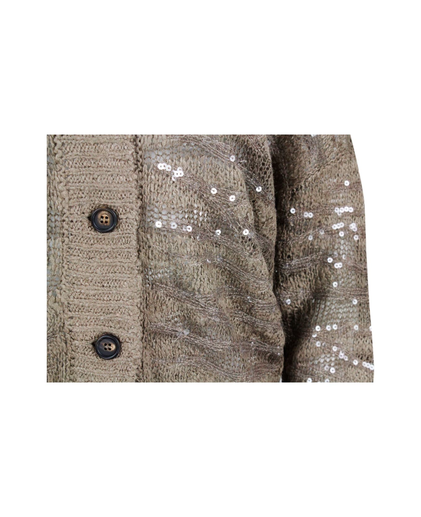 Brunello Cucinelli Cardigan With Animalier Buttons Inlay In Silk, Linen And Hemp - Brown