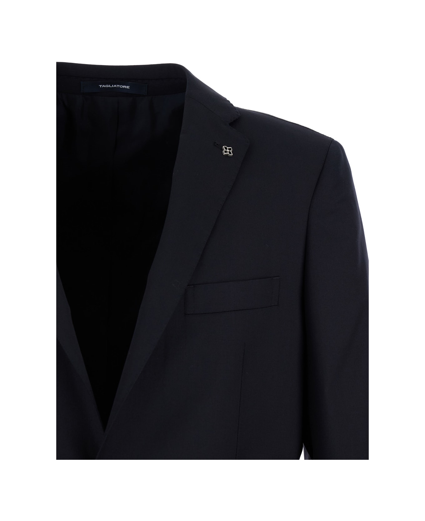 Tagliatore Black Single-breasted Suit With Logo Pin In Cotton Man - Blu