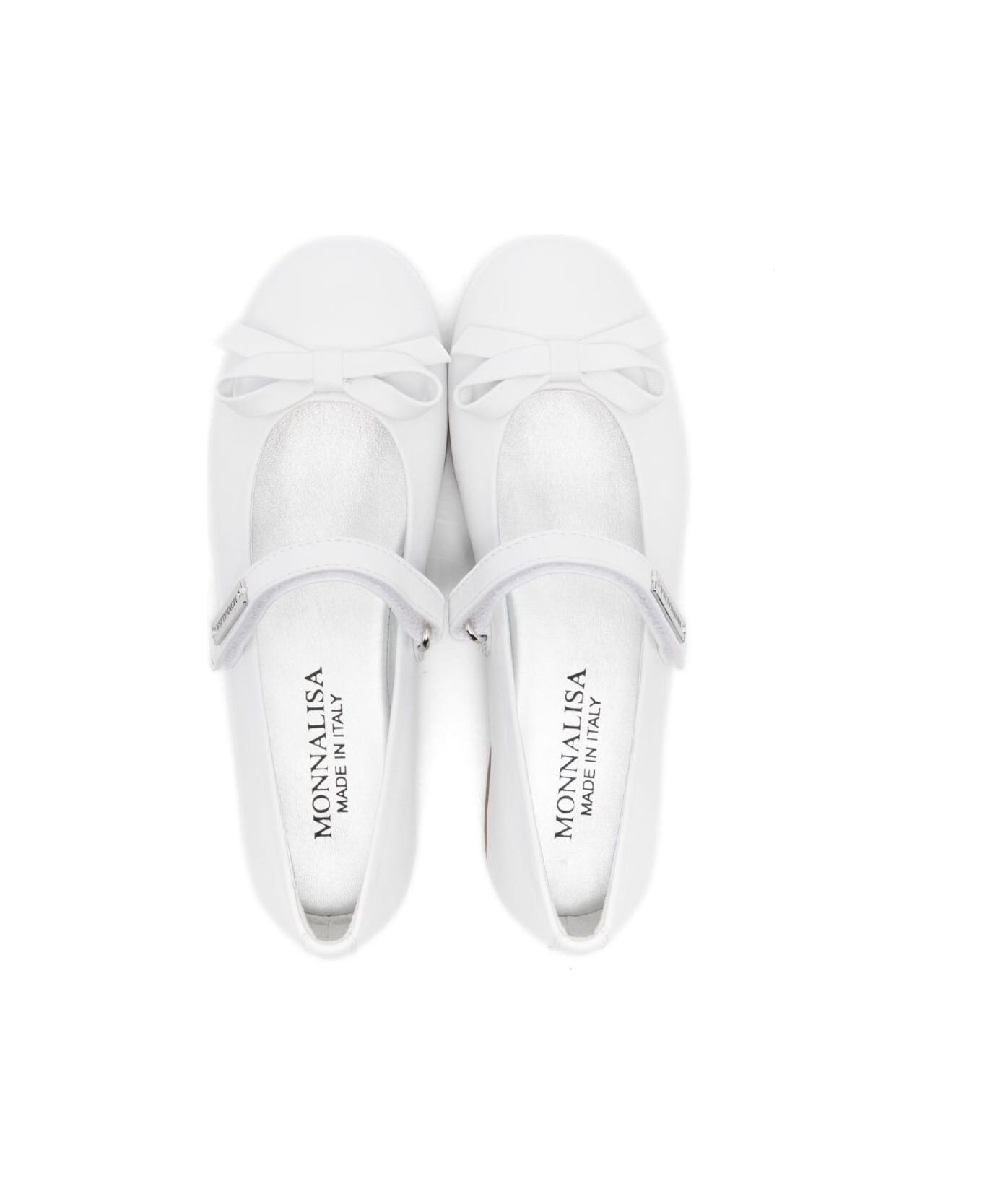 Monnalisa White Ballet Shoes Wih Bow Detail On The Front And Touch-strap Closure In Leather Girl - White
