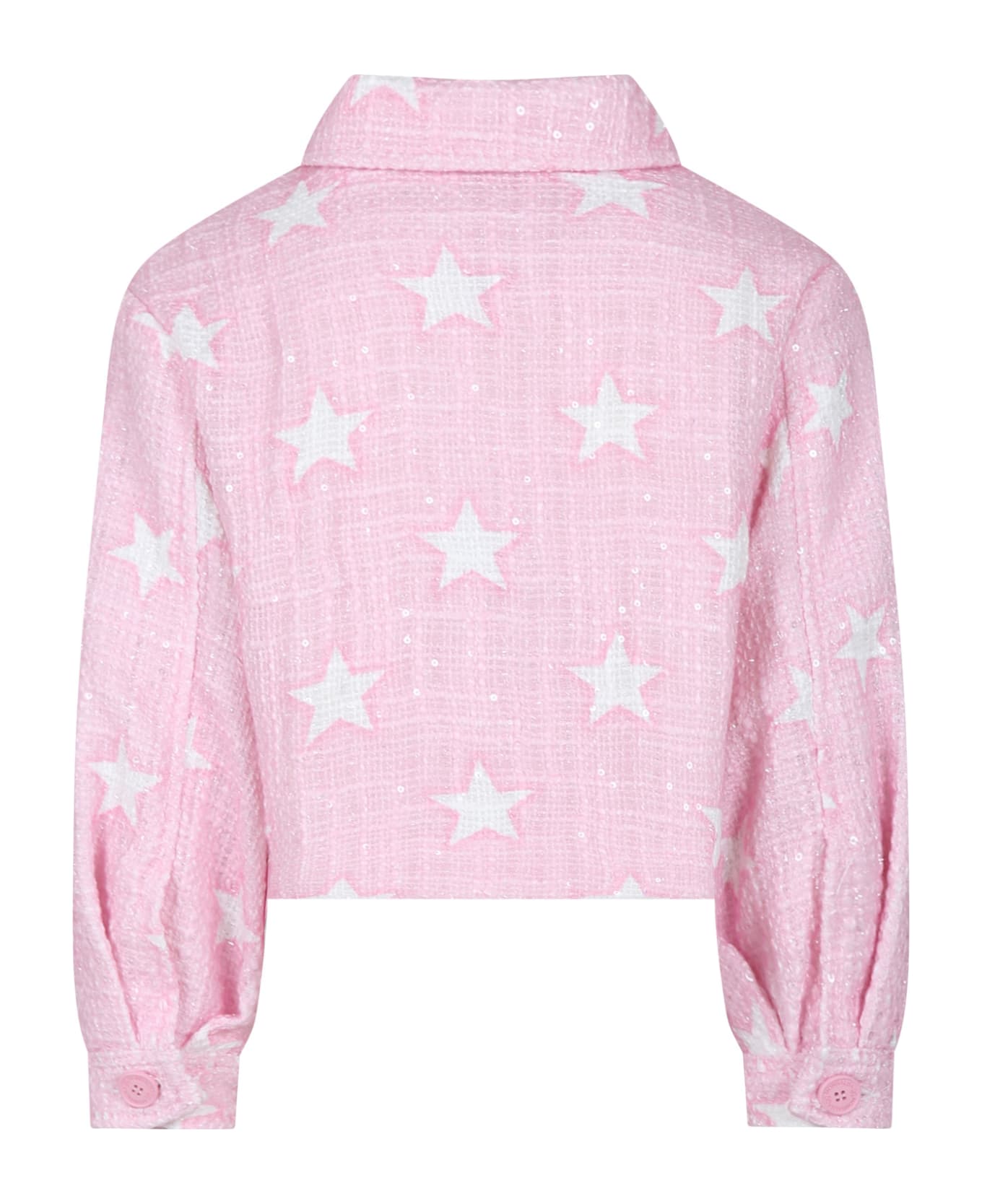 Monnalisa Pink Denim Jacket For Girl With Stars - Pink コート＆ジャケット