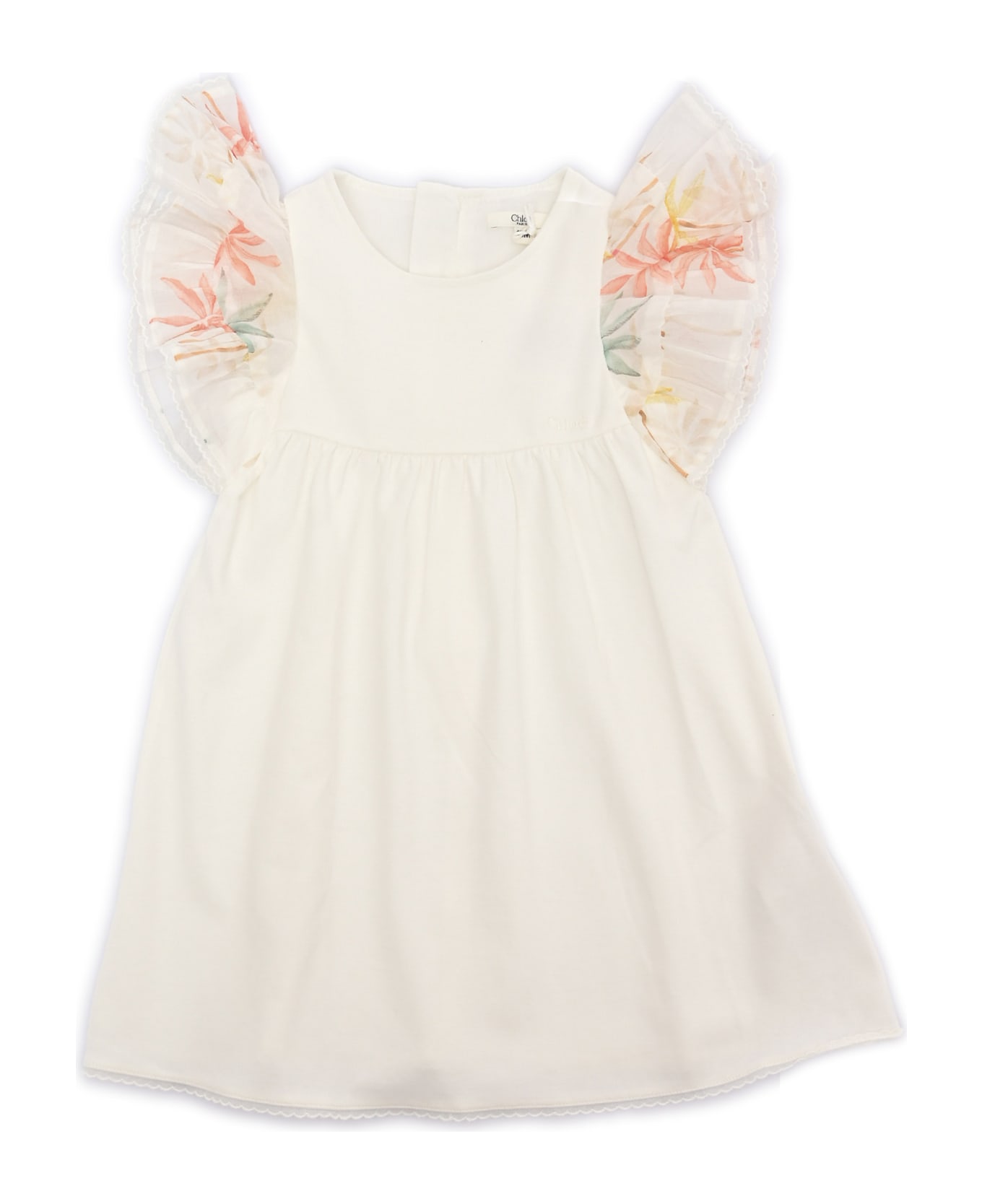 Chloé Short Sleeves Dress In 100% Organic Cotton Interlock. Ruffled Sleeves In 100% Organic Cotton Veil With Palm Grove" Seasonal Print. Chlo Embroidery On  - WHITE