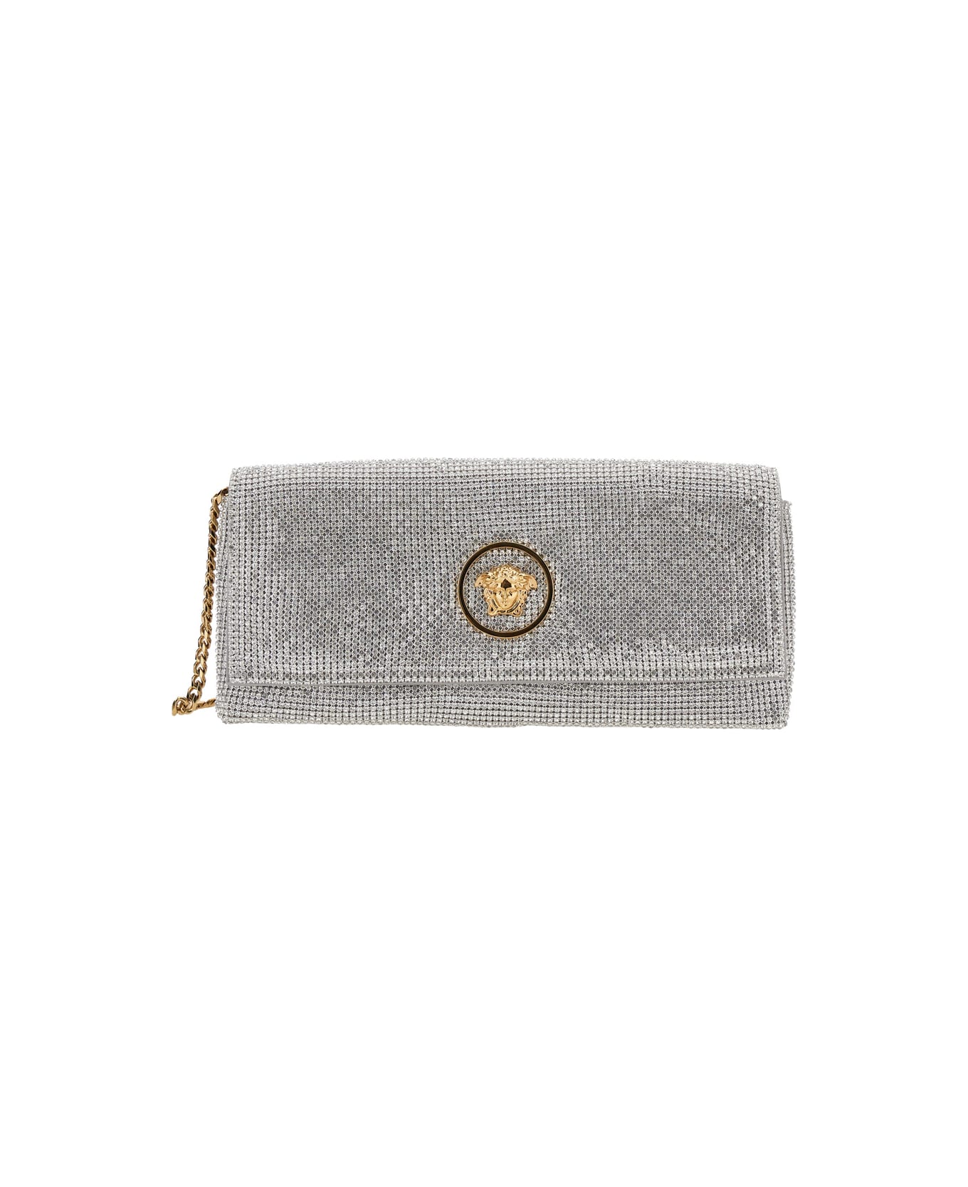 Versace Silver Colored Clutch With Medusa Plaque On The Front And All-over Rhinestones In Metal Woman - Metallic