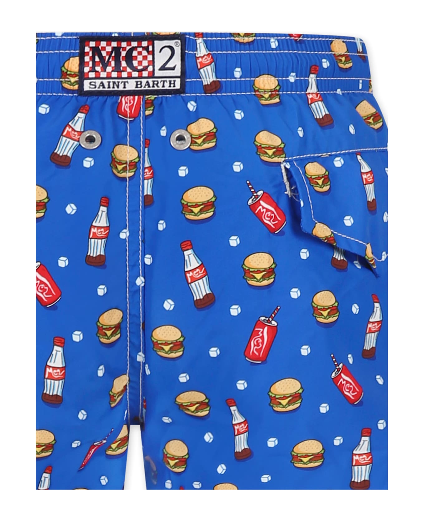 MC2 Saint Barth Light Blue Swim Shorts For Boy With Hamburger And Cola Print - Light Blue