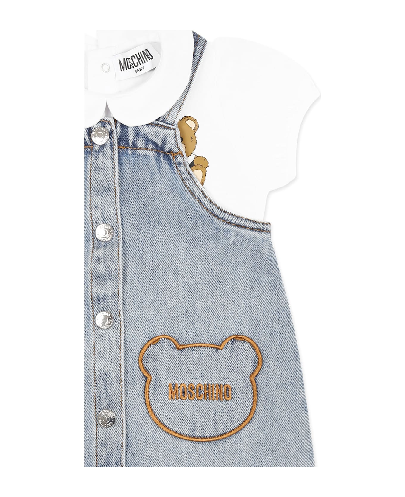Moschino Denim Dungarees For Baby Girl With Teddy Bear - Denim