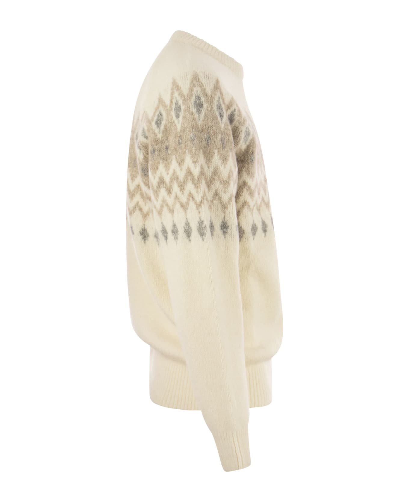 Brunello Cucinelli Icelandic Jacquard Buttoned Sweater In Alpaca, Cotton And Wool - Panama/grey/sand