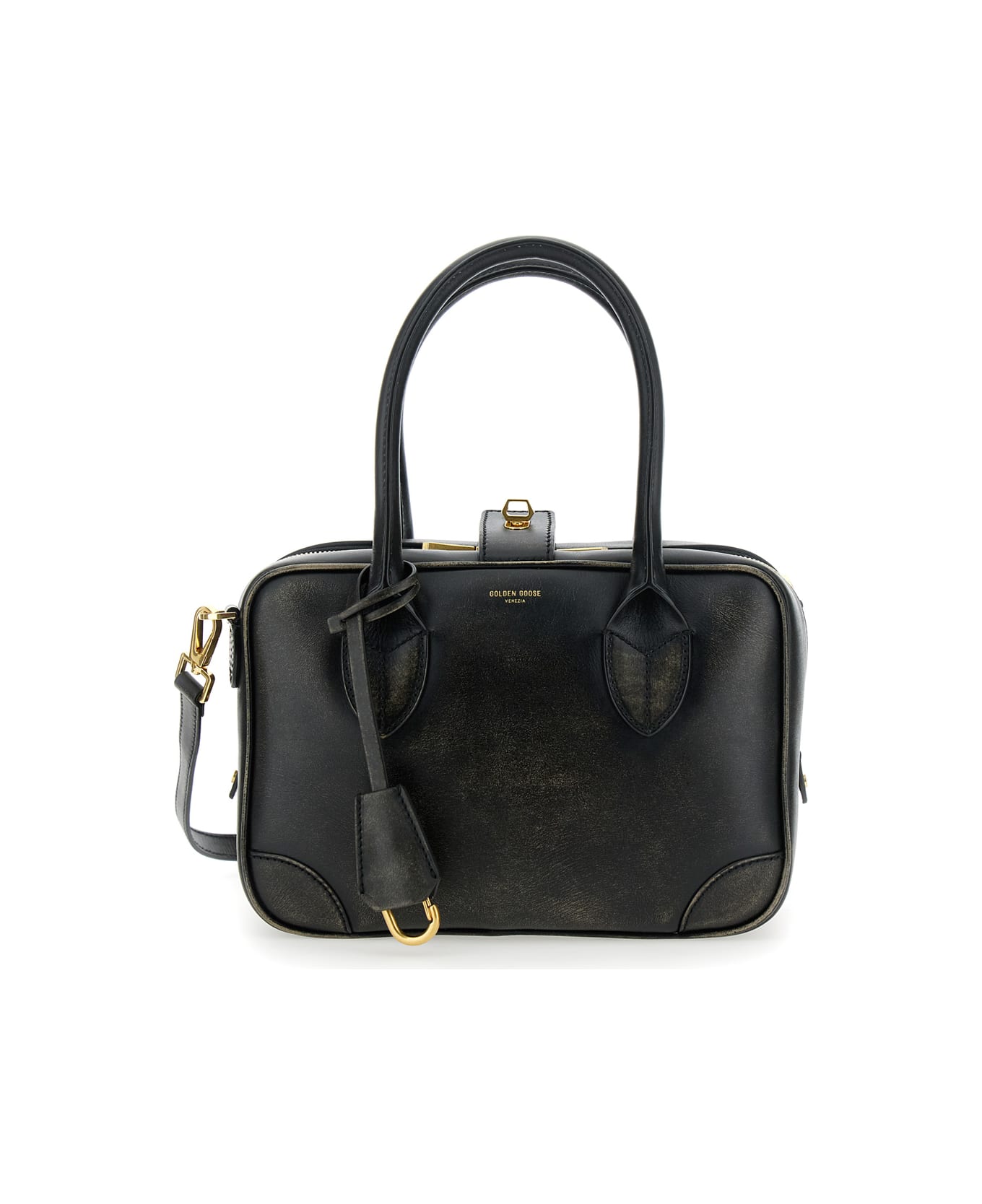Golden Goose 'vita' Black Handbag With Laminated Logo In Grained Leather Woman - Black
