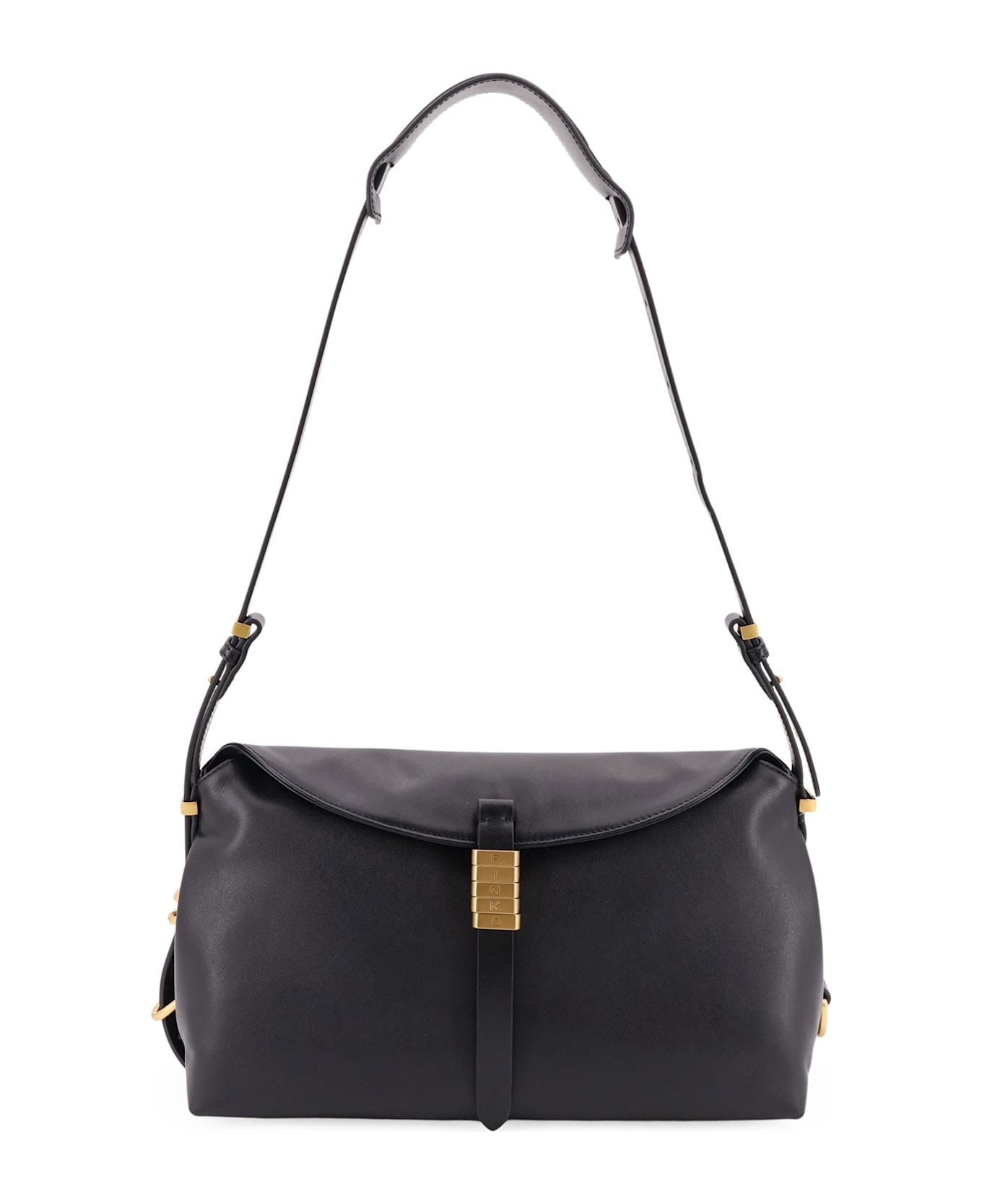 Pinko Leather Shoulder Bag With Metal Detail With Engraved Logo - Black