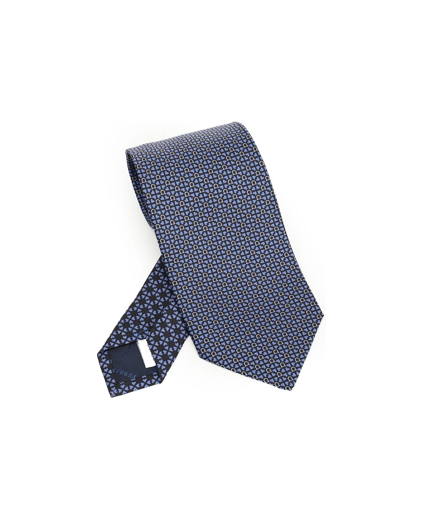 Ferragamo Silk Tie With Gancini And Hearts Print - BLUE