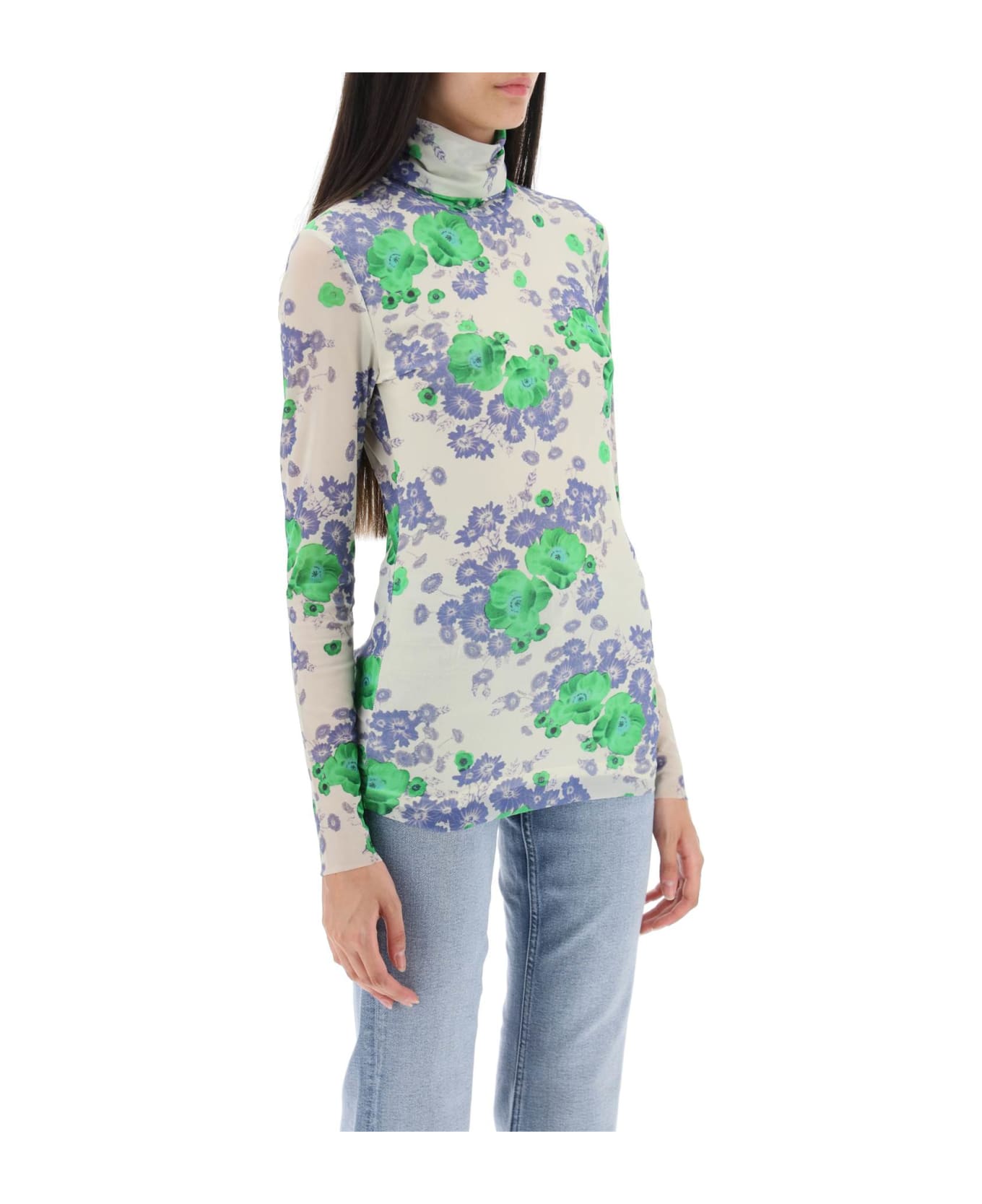 Ganni Long-sleeved Top In Mesh With Floral Pattern - EGRET (White) トップス