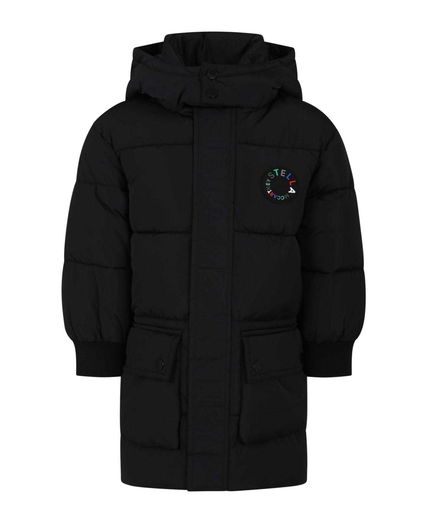 Stella McCartney Kids Black Down Jacket For Boy With Logo - Black コート＆ジャケット