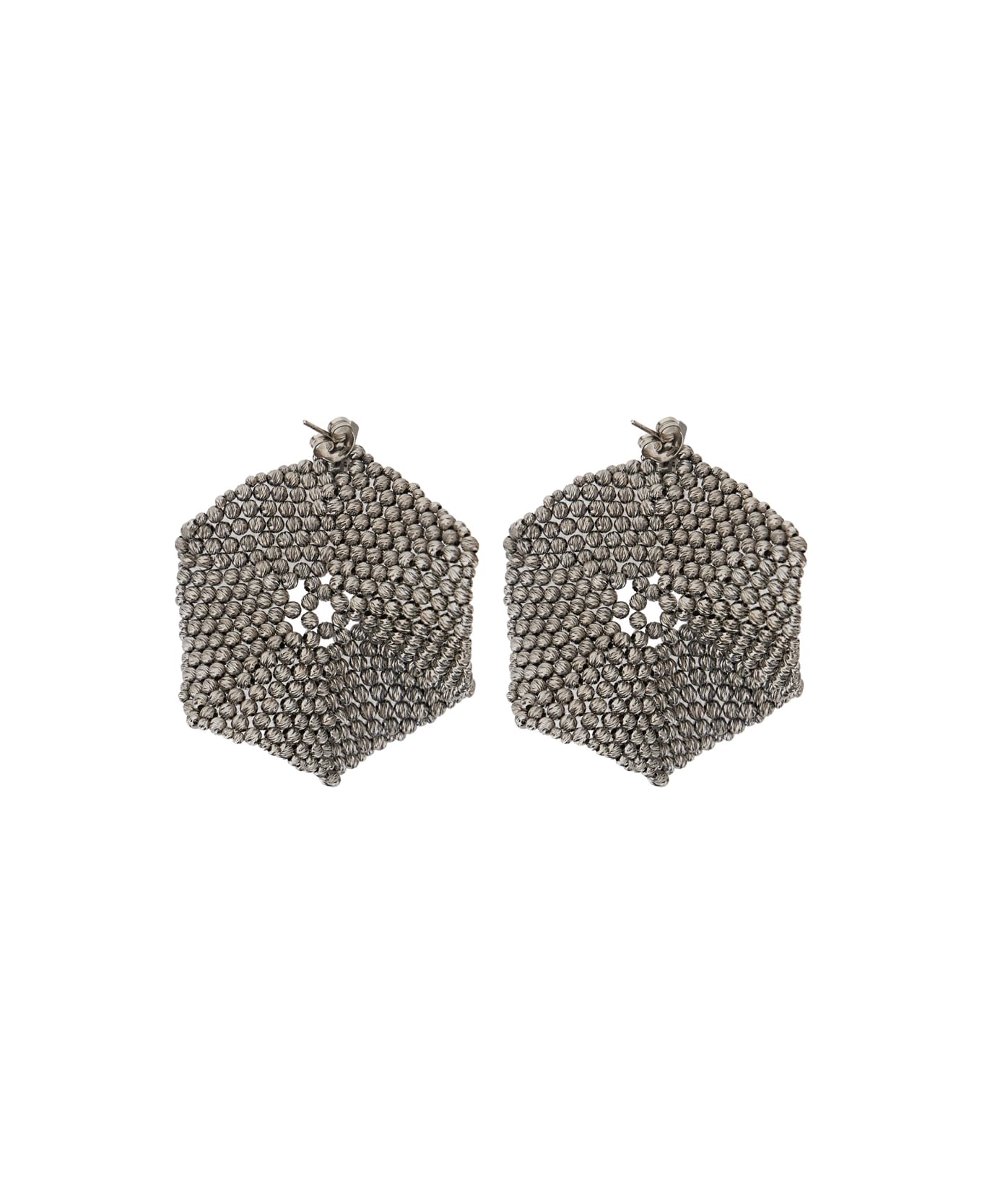Brunello Cucinelli Metallic Hexagonal Earings With Beads Embellishments In Silver Woman - Metallic