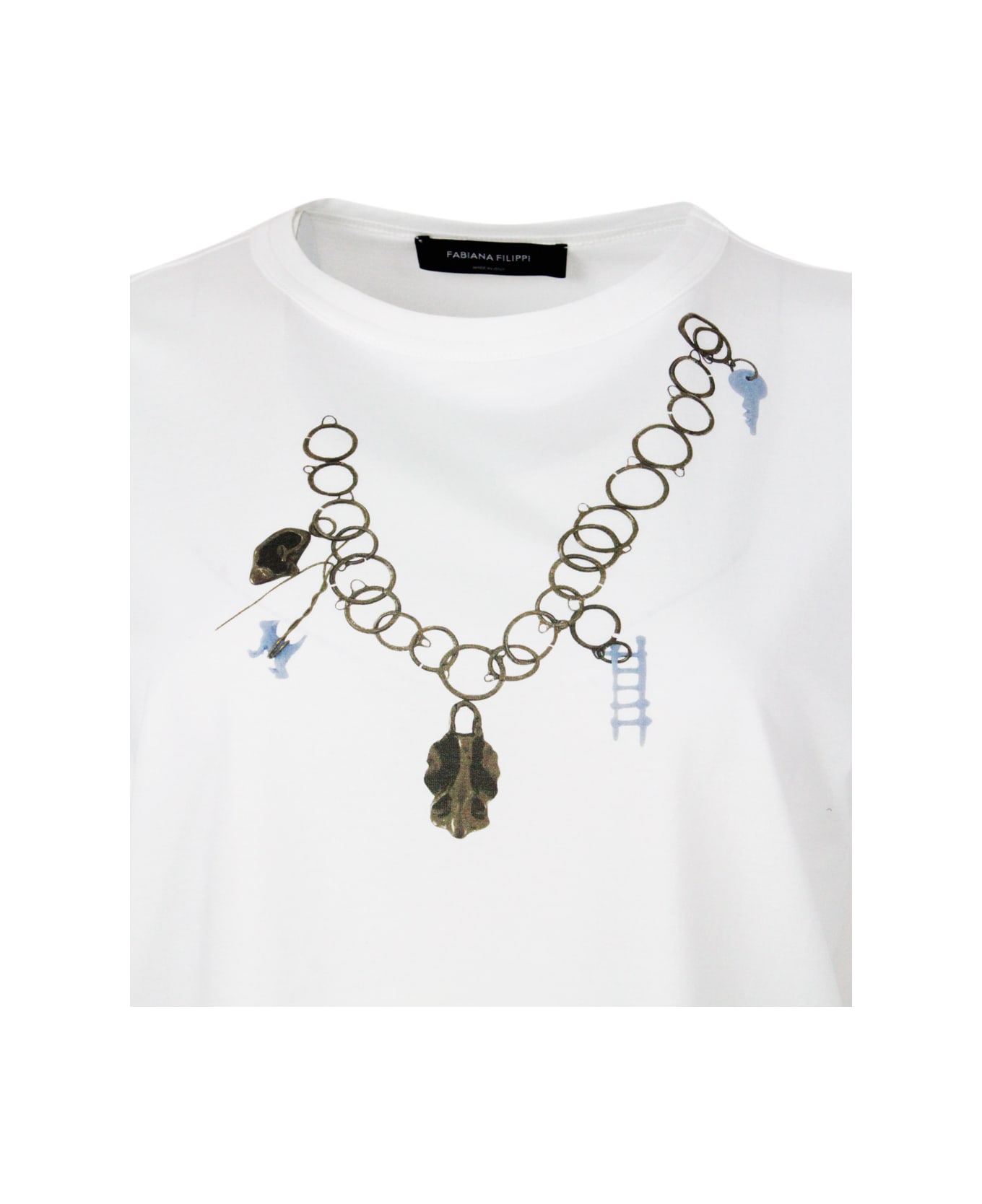 Fabiana Filippi Short-sleeved Crew-neck T-shirt In Fine Cotton Jersey With Chain Print - White